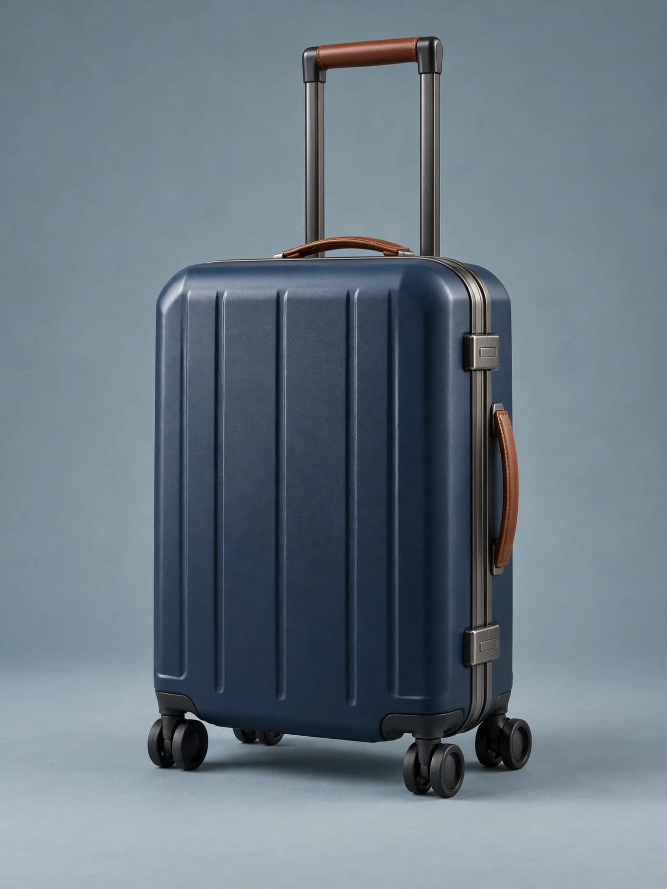 Premium marine-blue carry-on suitcase on a muted studio background