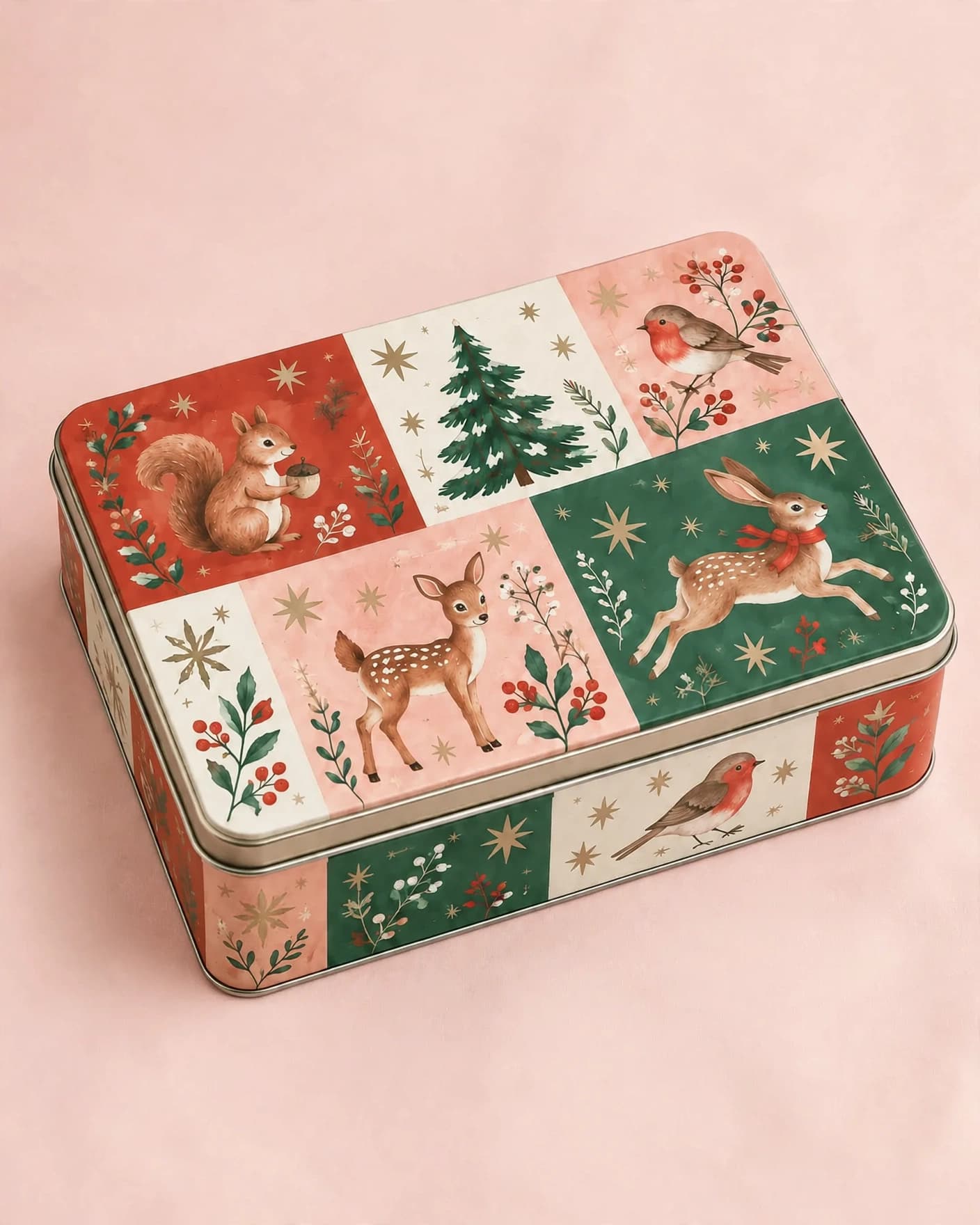 AI background edit of the illustrated cookie tin on a blush studio sweep