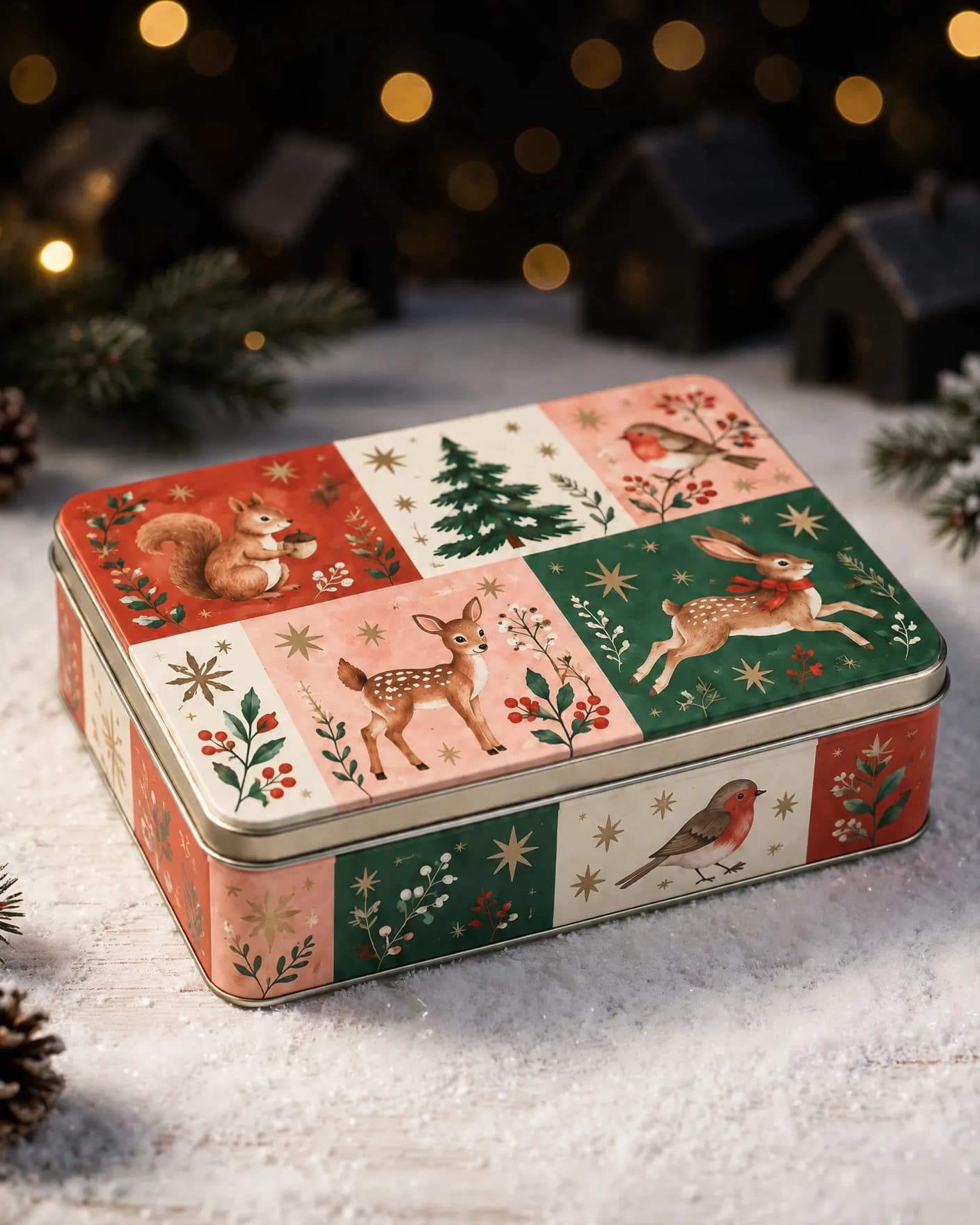 AI seasonal campaign image of the illustrated cookie tin in a winter scene