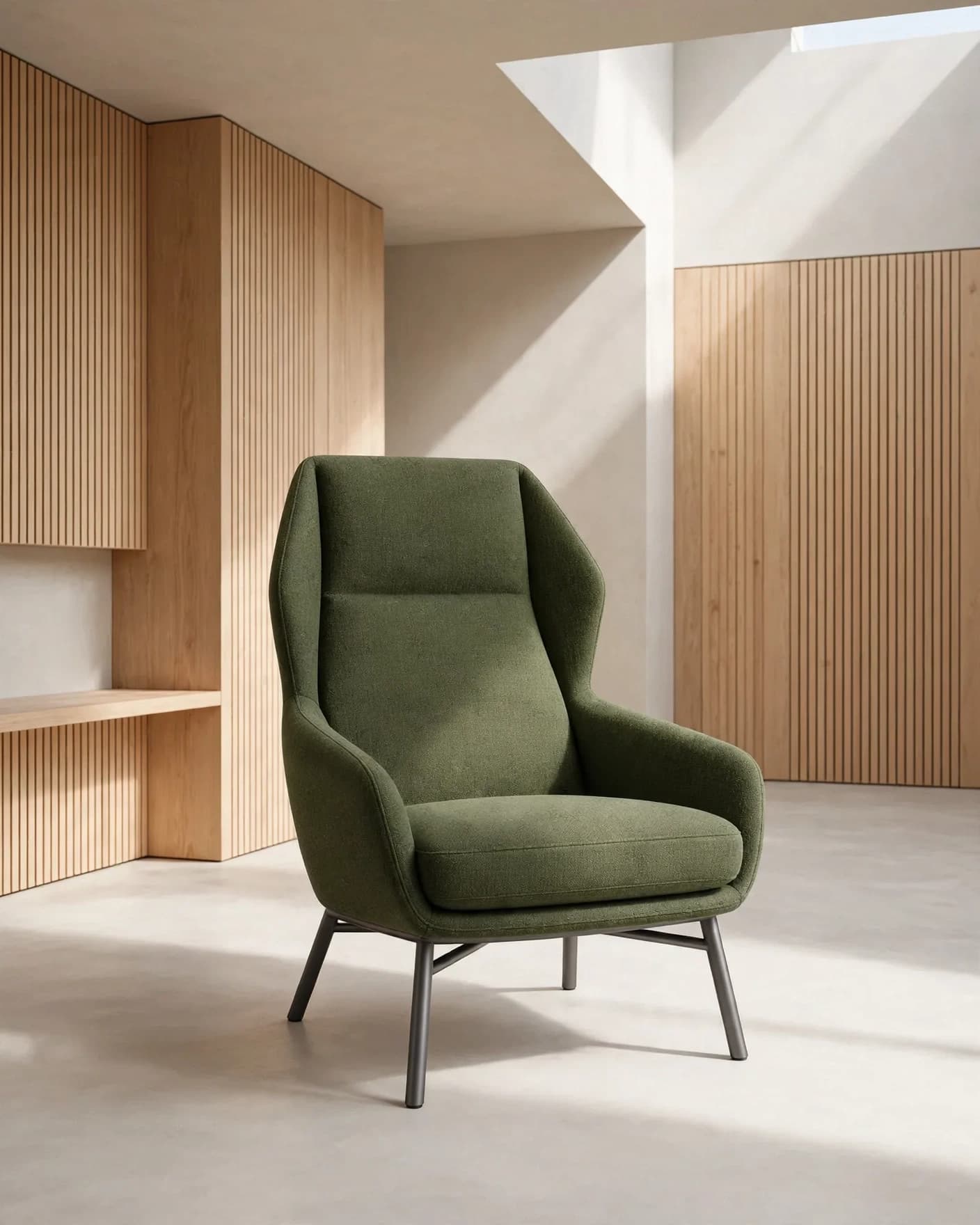 AI architectural room staging image of the moss-green reading chair