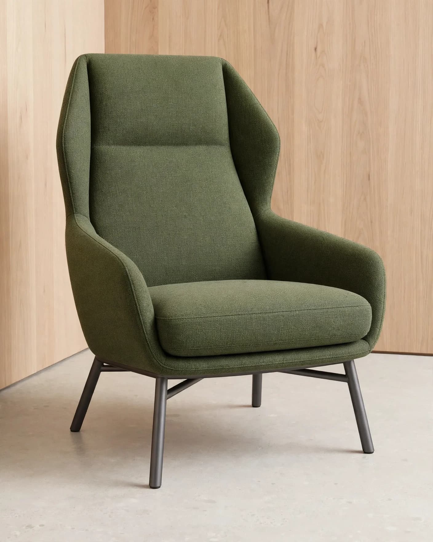 AI background edit of the moss-green reading chair against pale oak