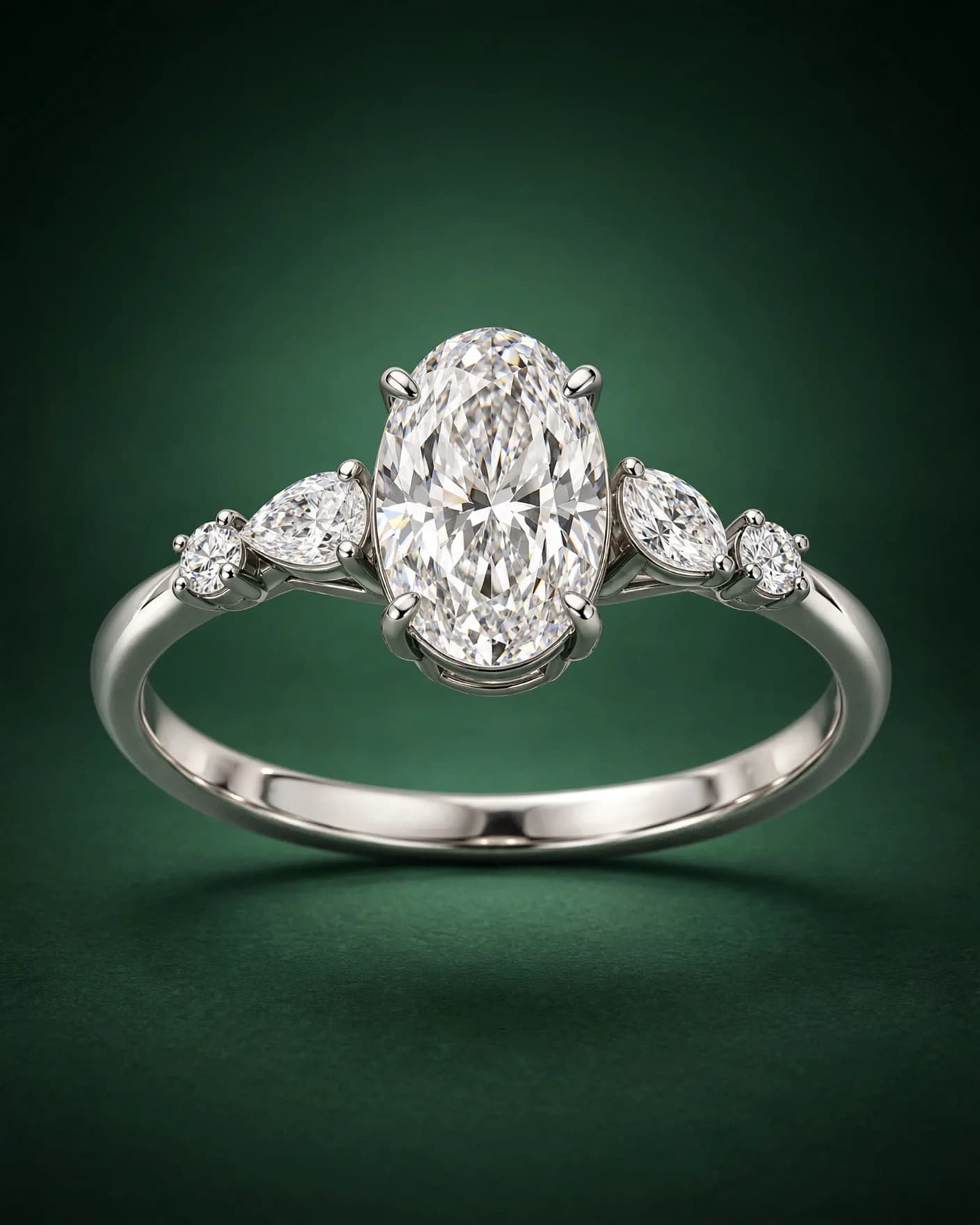 AI background edit of the oval diamond ring on deep green