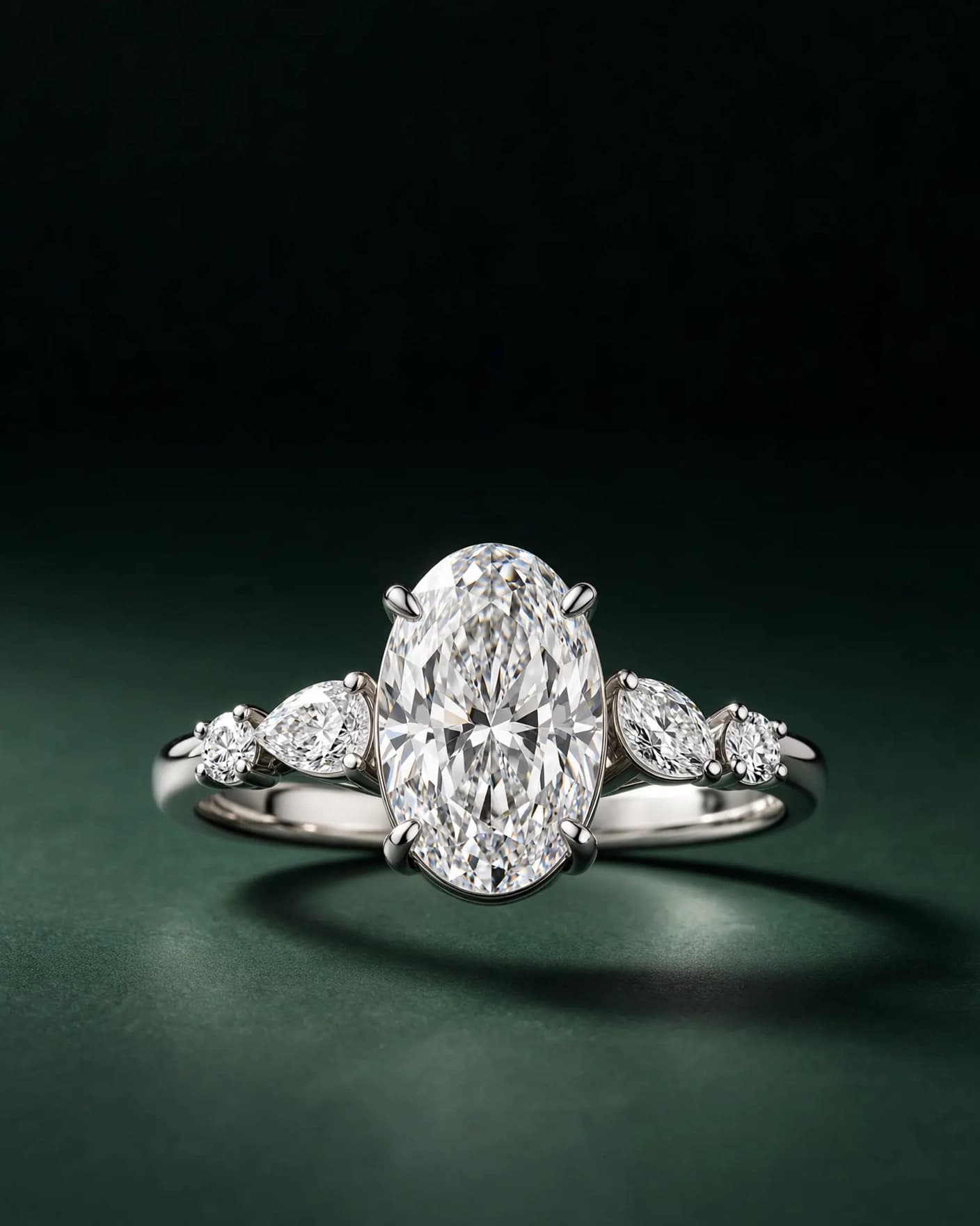 AI premium campaign image of the oval diamond ring on deep green