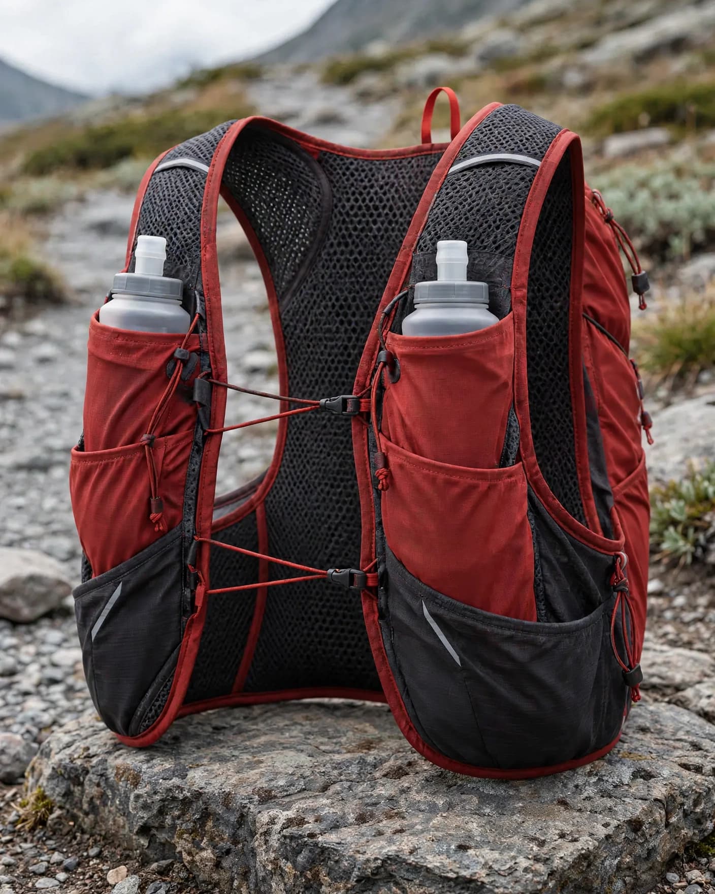 AI trail editorial image of the technical hydration vest on alpine rock