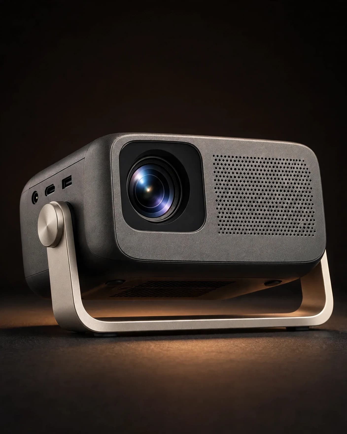 AI background edit of the portable projector on a dark studio stage