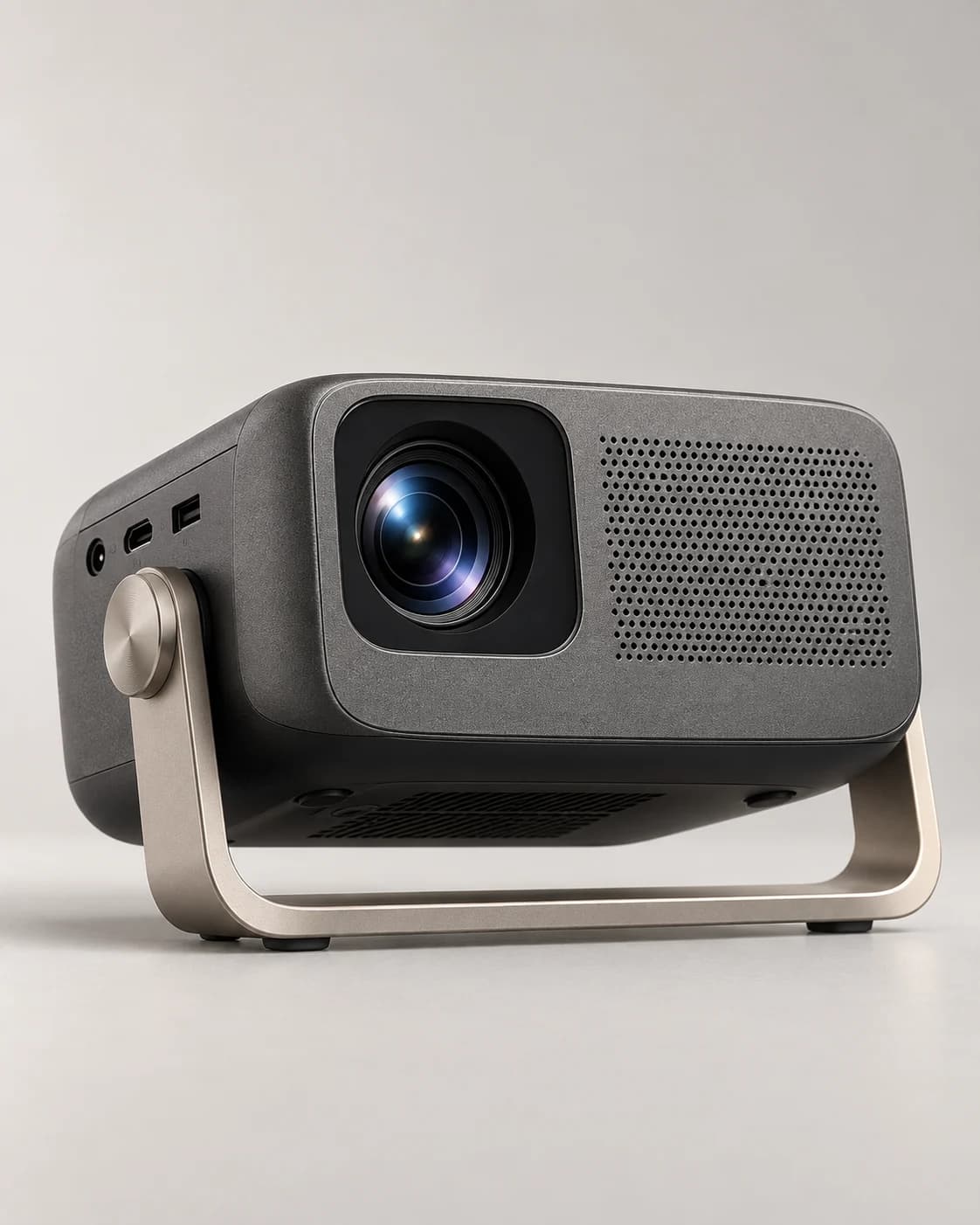 Source image of a warm-graphite portable projector with a metal stand
