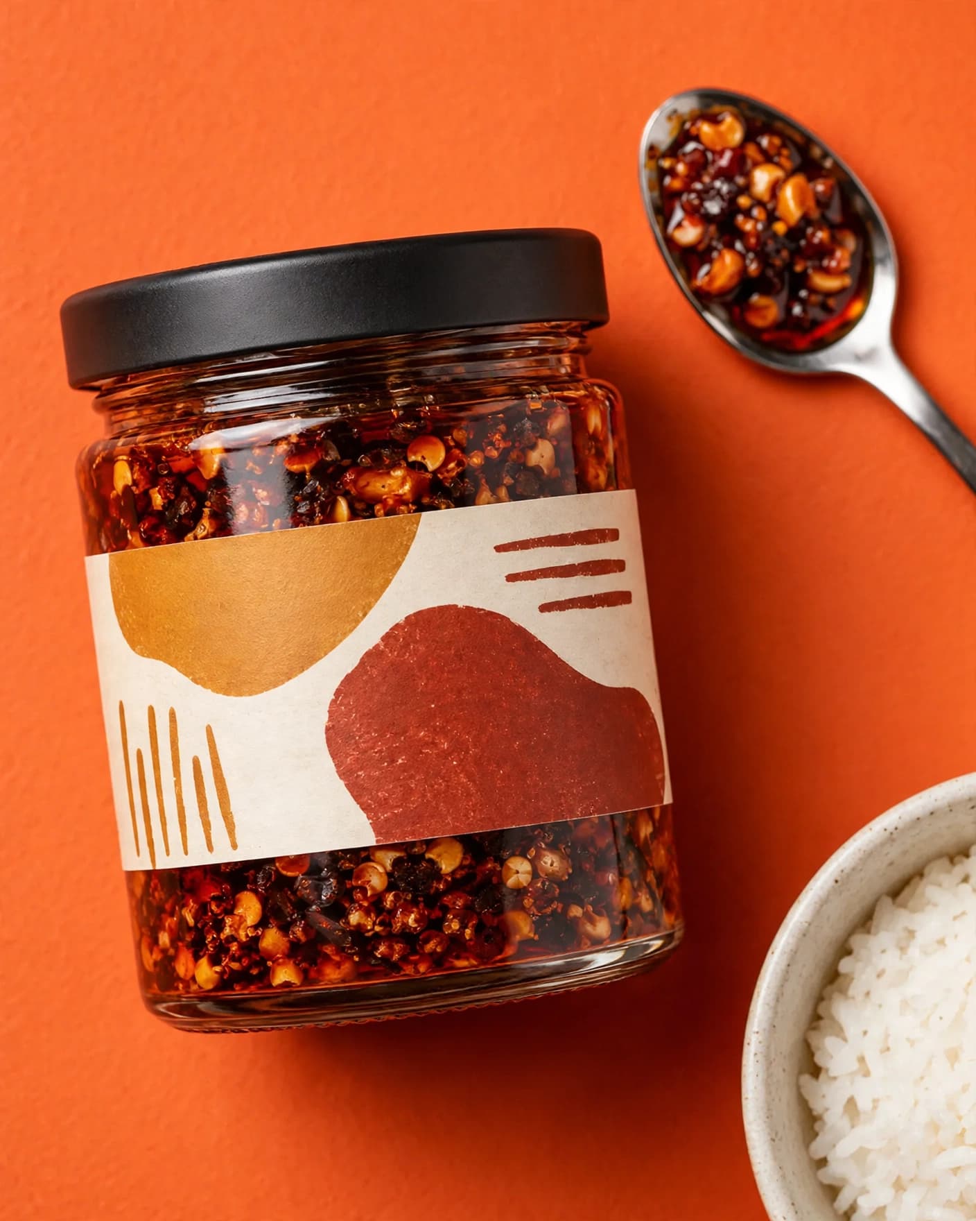 Same artisan chili crisp jar in styled overhead flat lay product photography