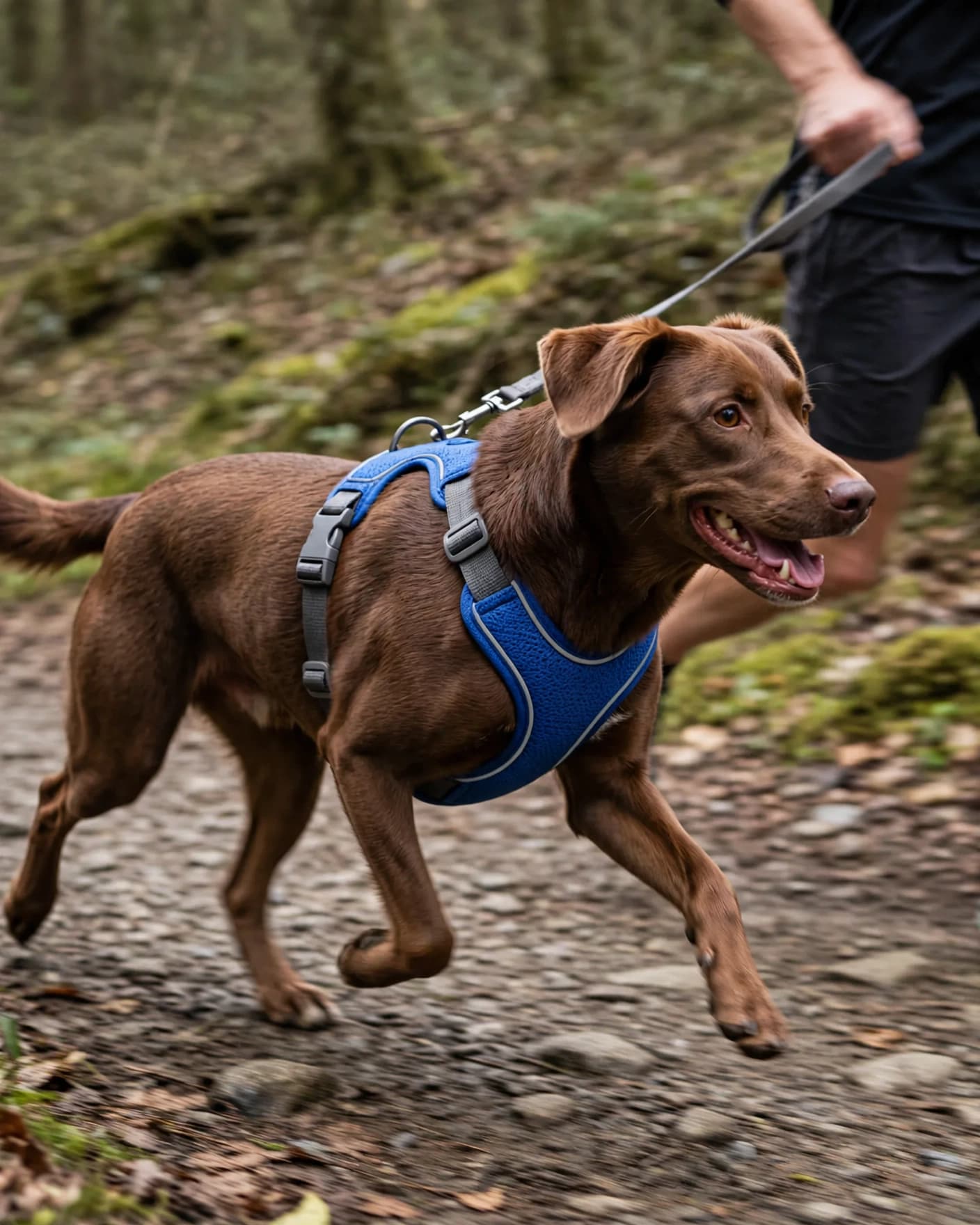 Same cobalt technical dog harness worn by a running brown dog on a woodland trail