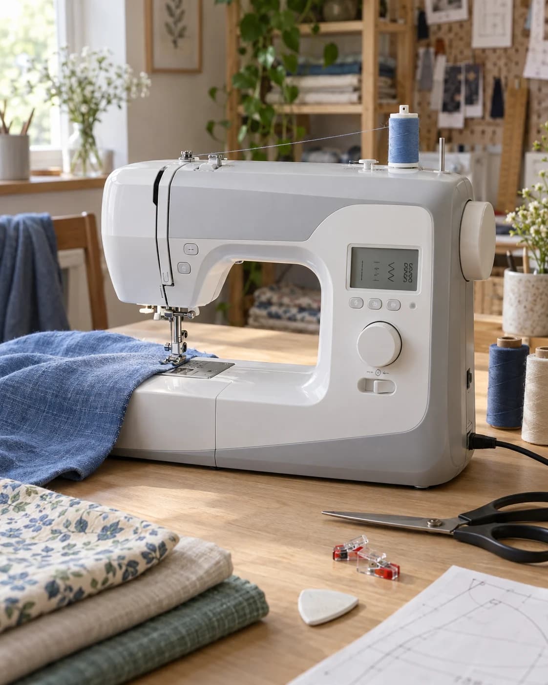 Compact sewing machine surrounded by distracting objects in a working craft space