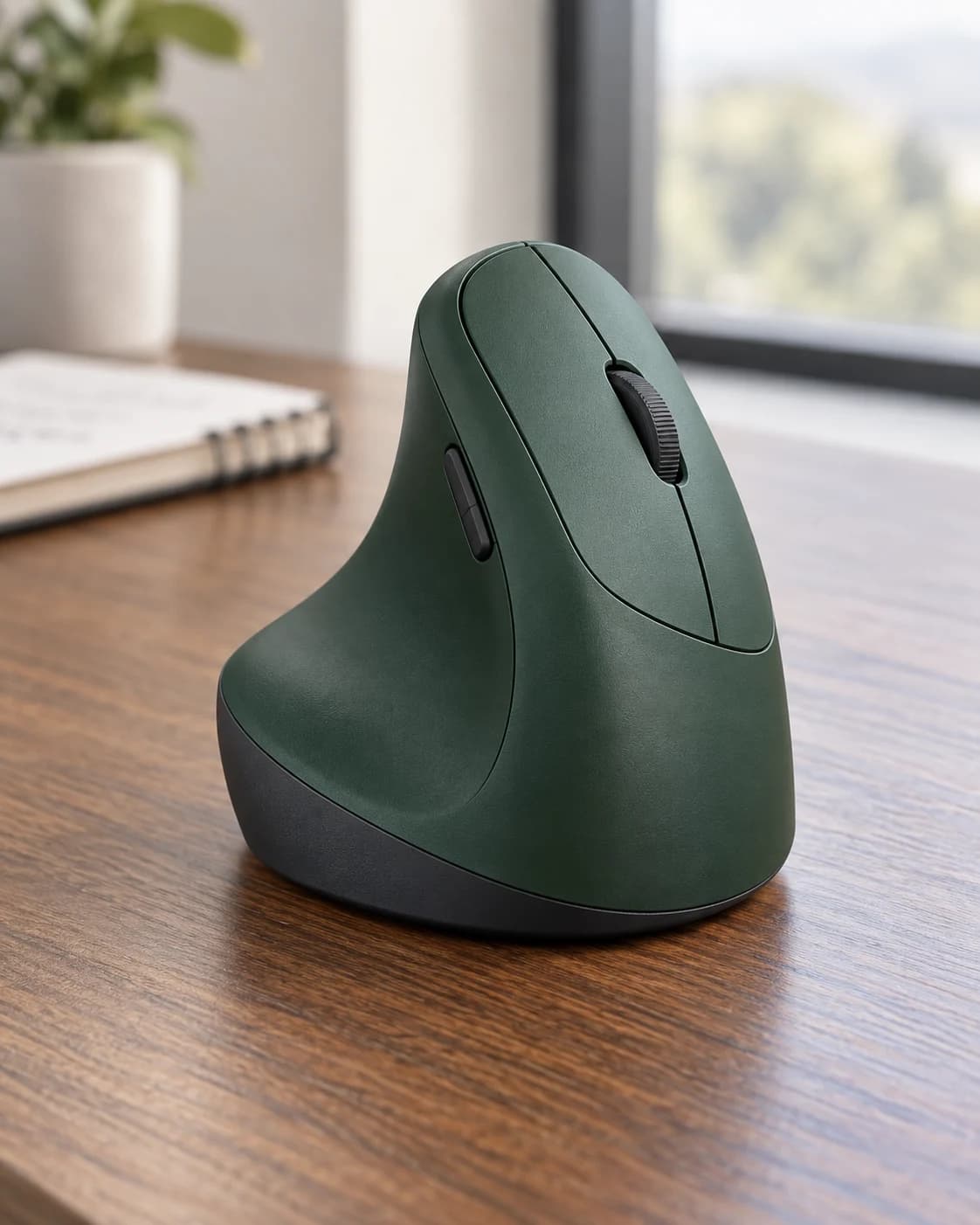 Forest green ergonomic vertical mouse in an ordinary desk setting