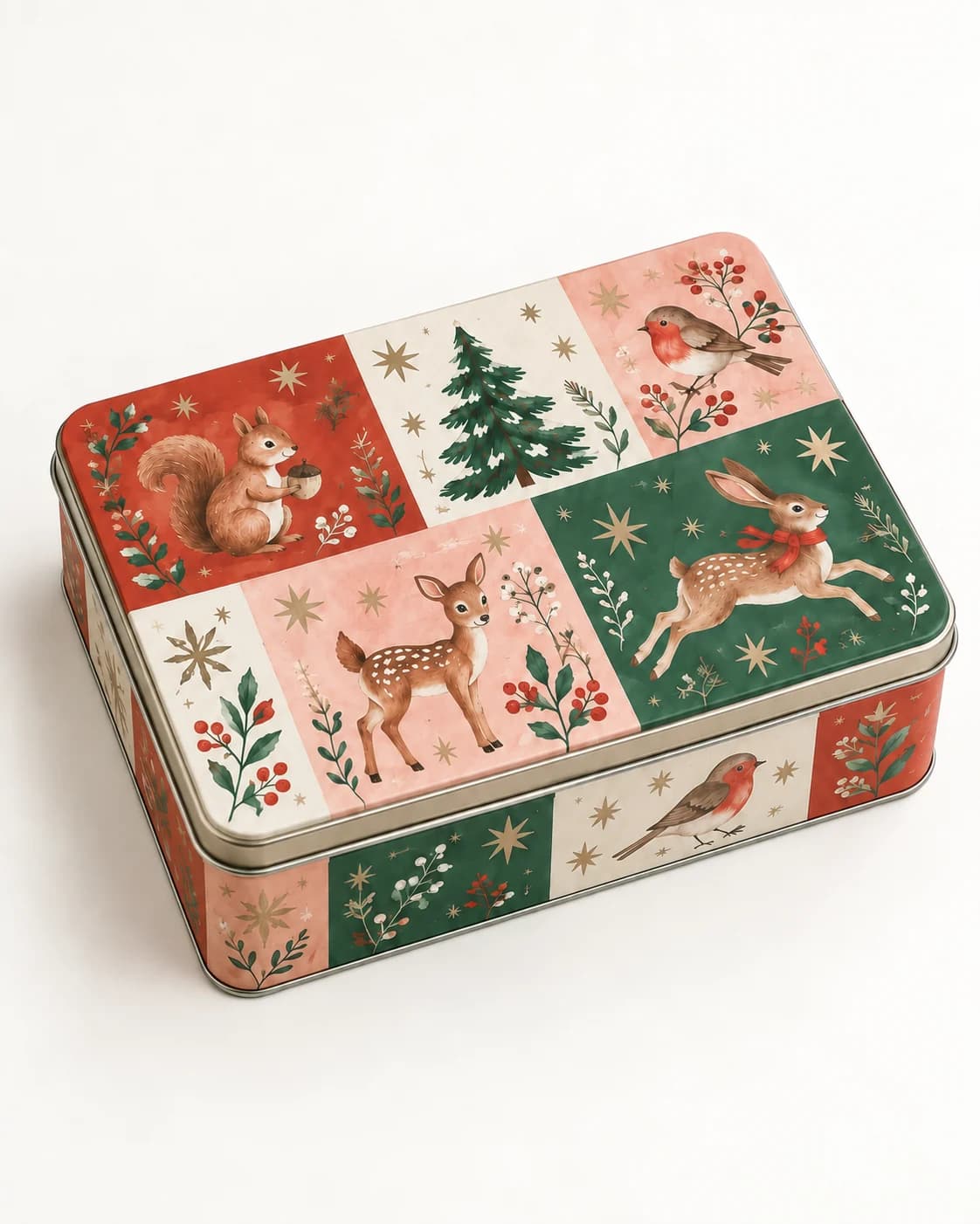 Illustrated winter cookie tin in a clean seller product photo