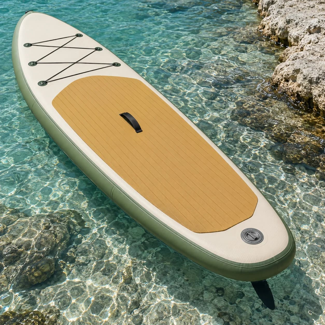 Inflatable stand-up paddleboard in a tightly cropped coastal product image