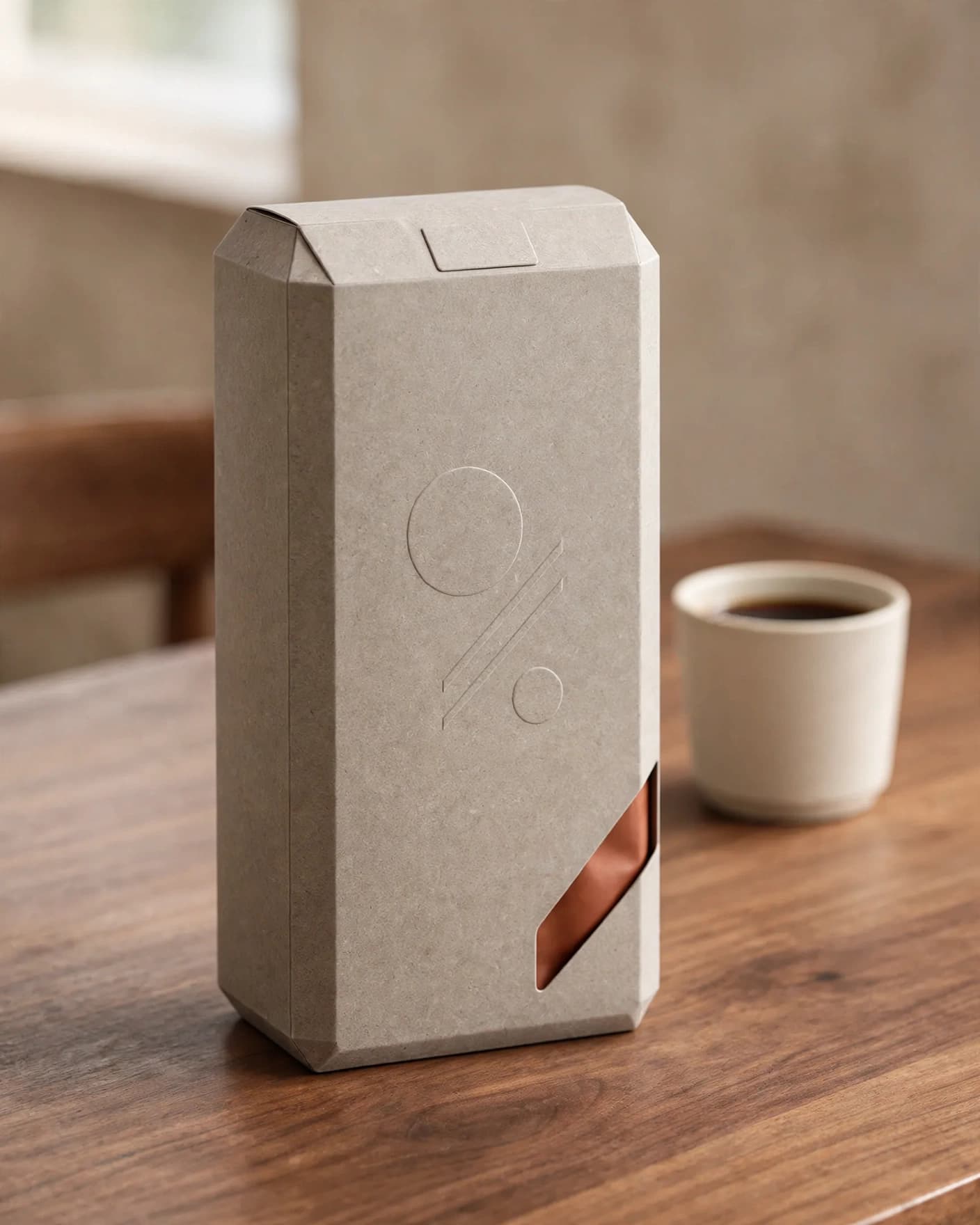 Same mineral-gray specialty coffee carton styled in a warm café scene