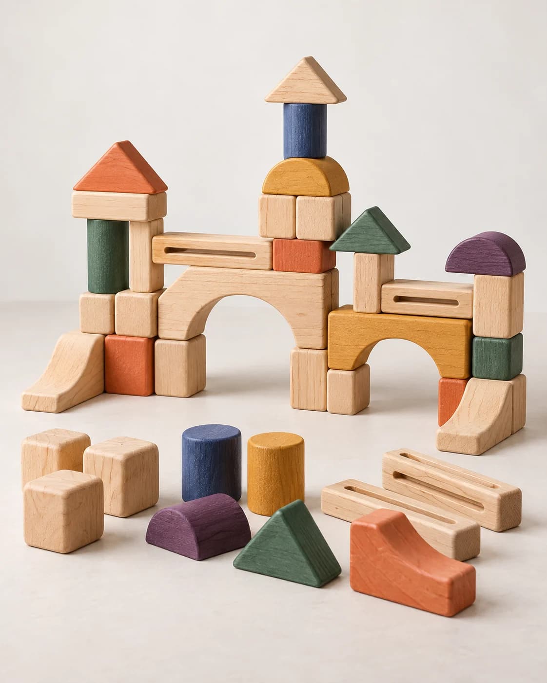 Modular maple wooden blocks arranged in a plain seller product photo