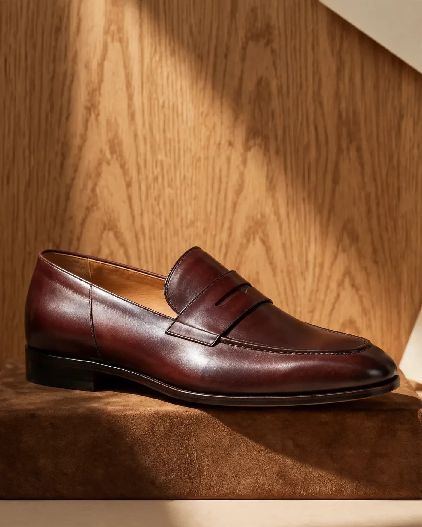 Same mulberry leather loafer in warm professionally directed product photography