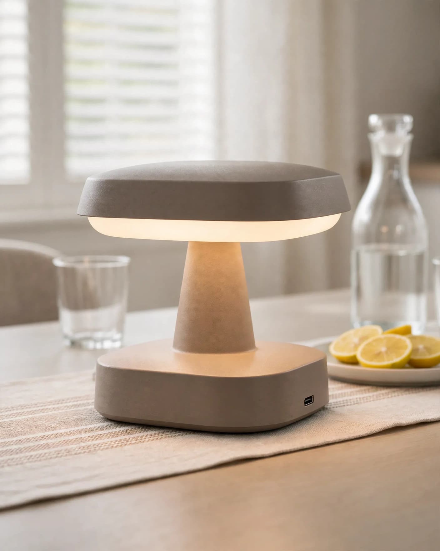Same portable dining lamp switched on in a bright breakfast nook