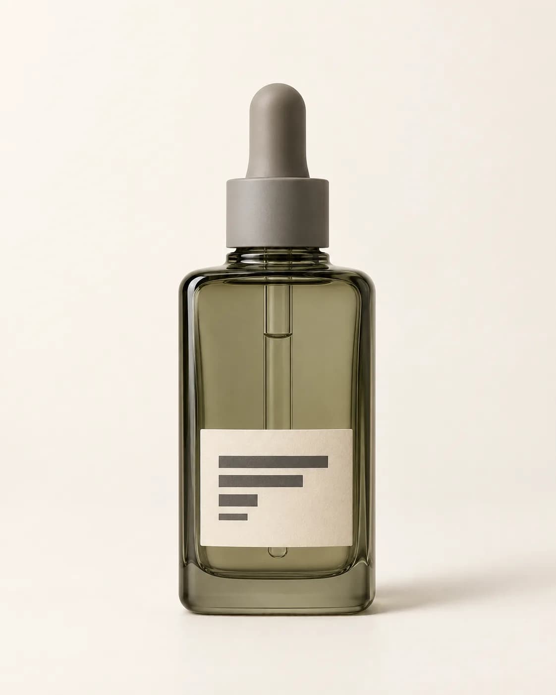Olive-gray facial serum bottle in a clean seller product photo