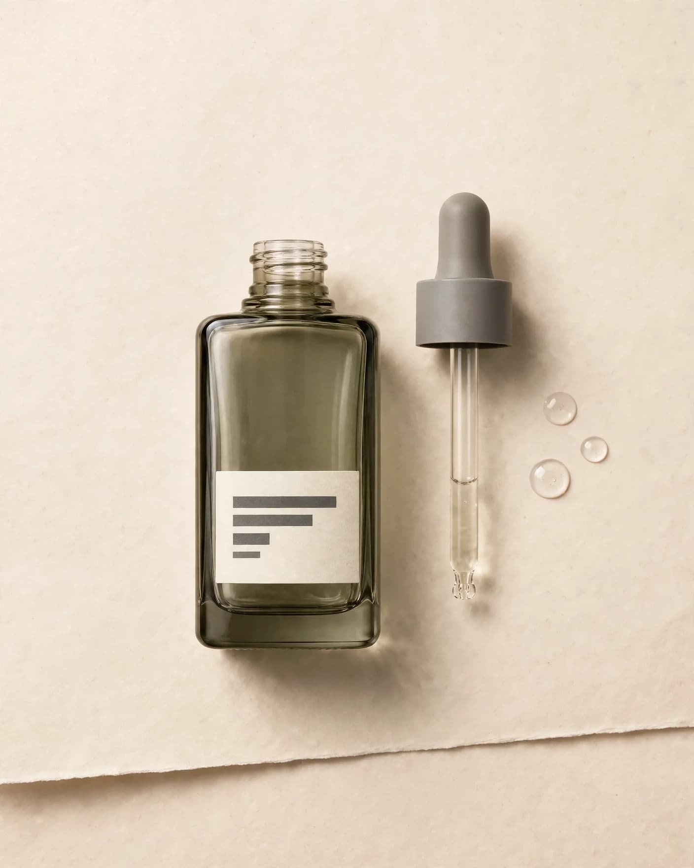 Same olive-gray facial serum bottle arranged in a bright layered-paper editorial scene