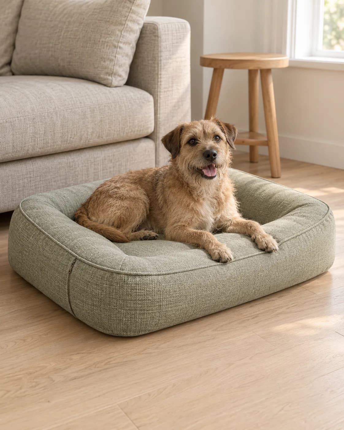 Orthopedic dog bed with a resting dog in a plain seller photo