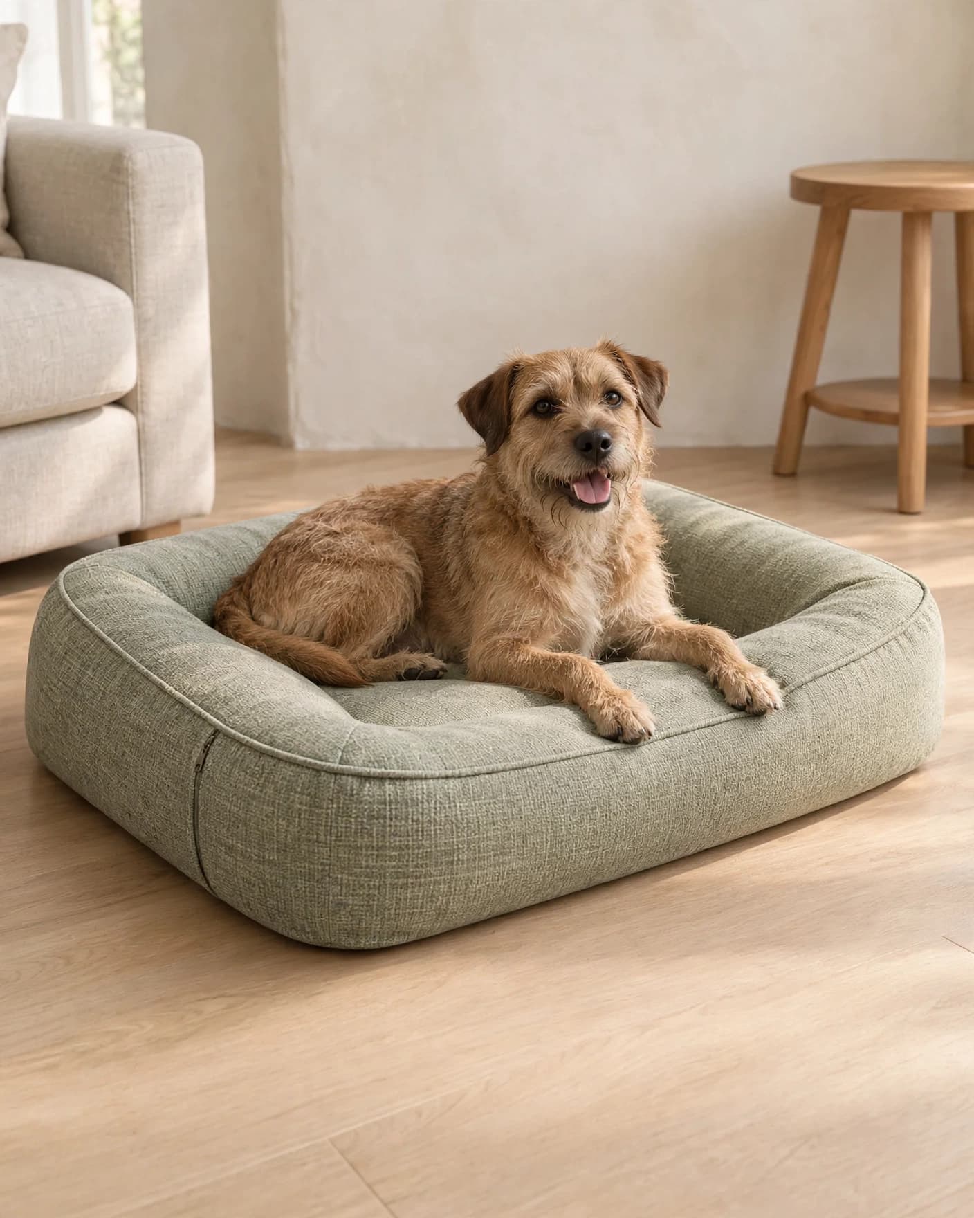 Same orthopedic dog bed in a bright premium living-room lifestyle scene