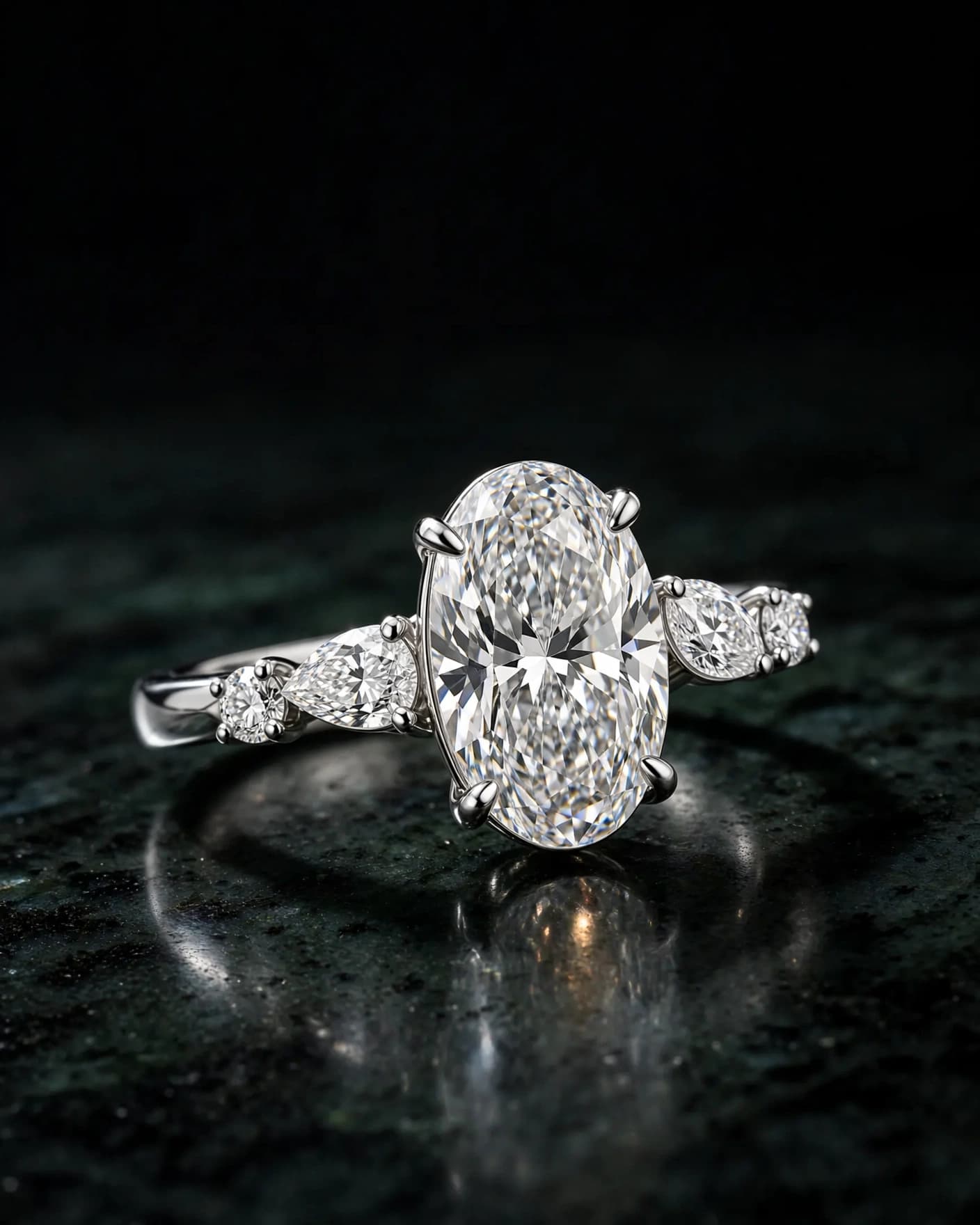 Same palladium-white oval diamond ring photographed on polished deep-green mineral stone