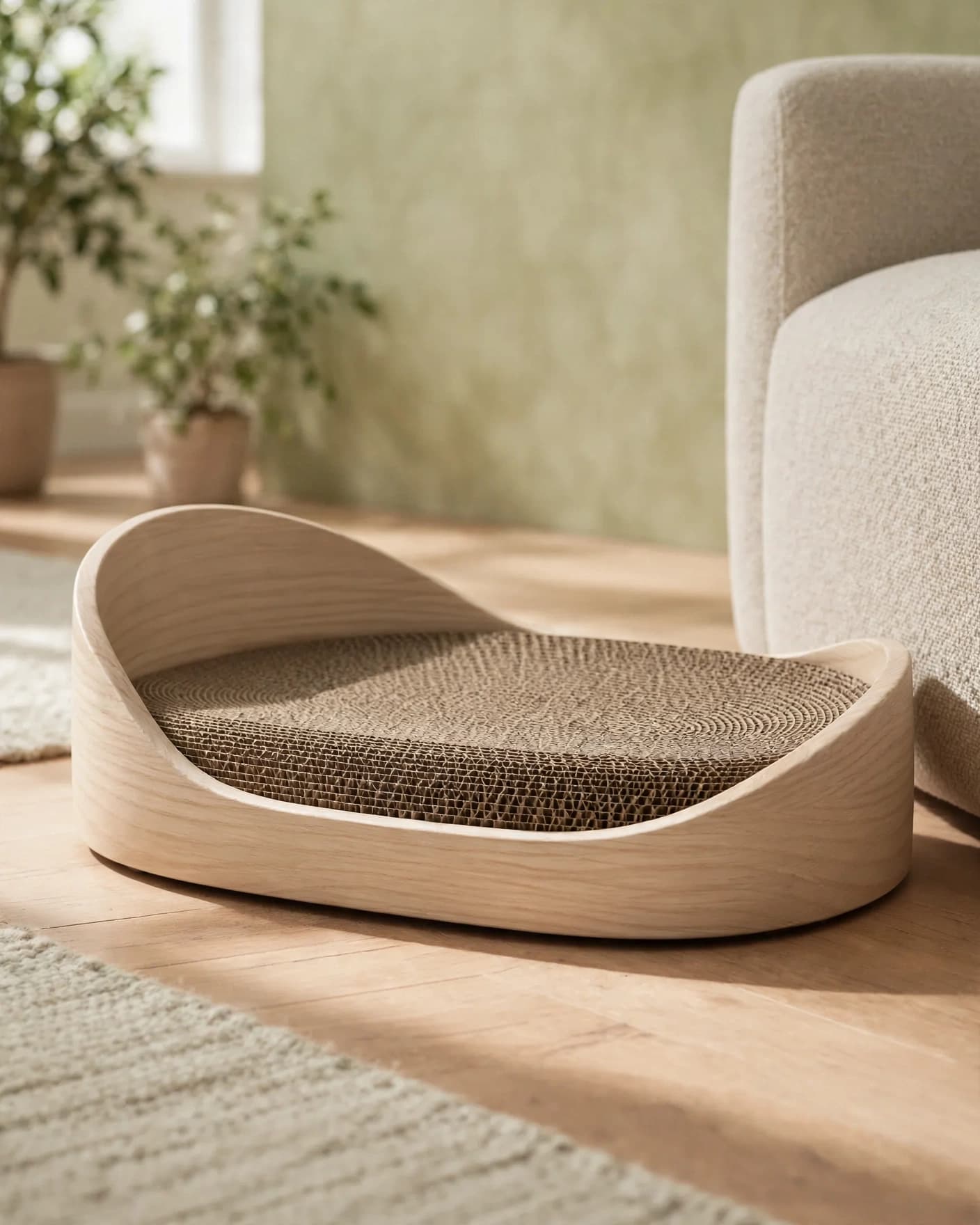 Same sculptural cat scratcher placed in a sunlit contemporary living room