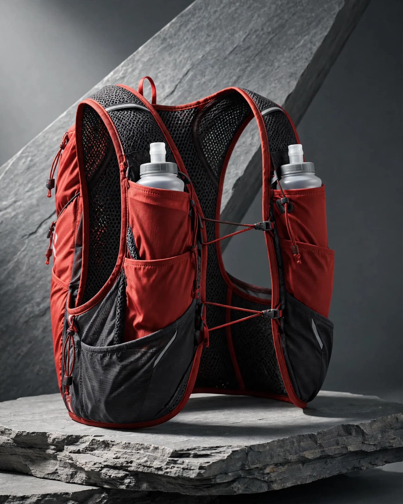 Same technical trail hydration vest in an art-directed editorial product photograph