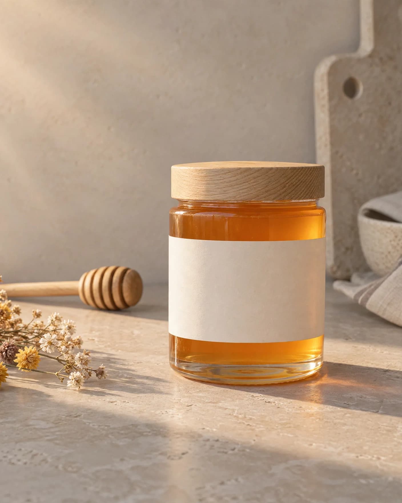 Same honey jar and still life with warm commercial directional lighting