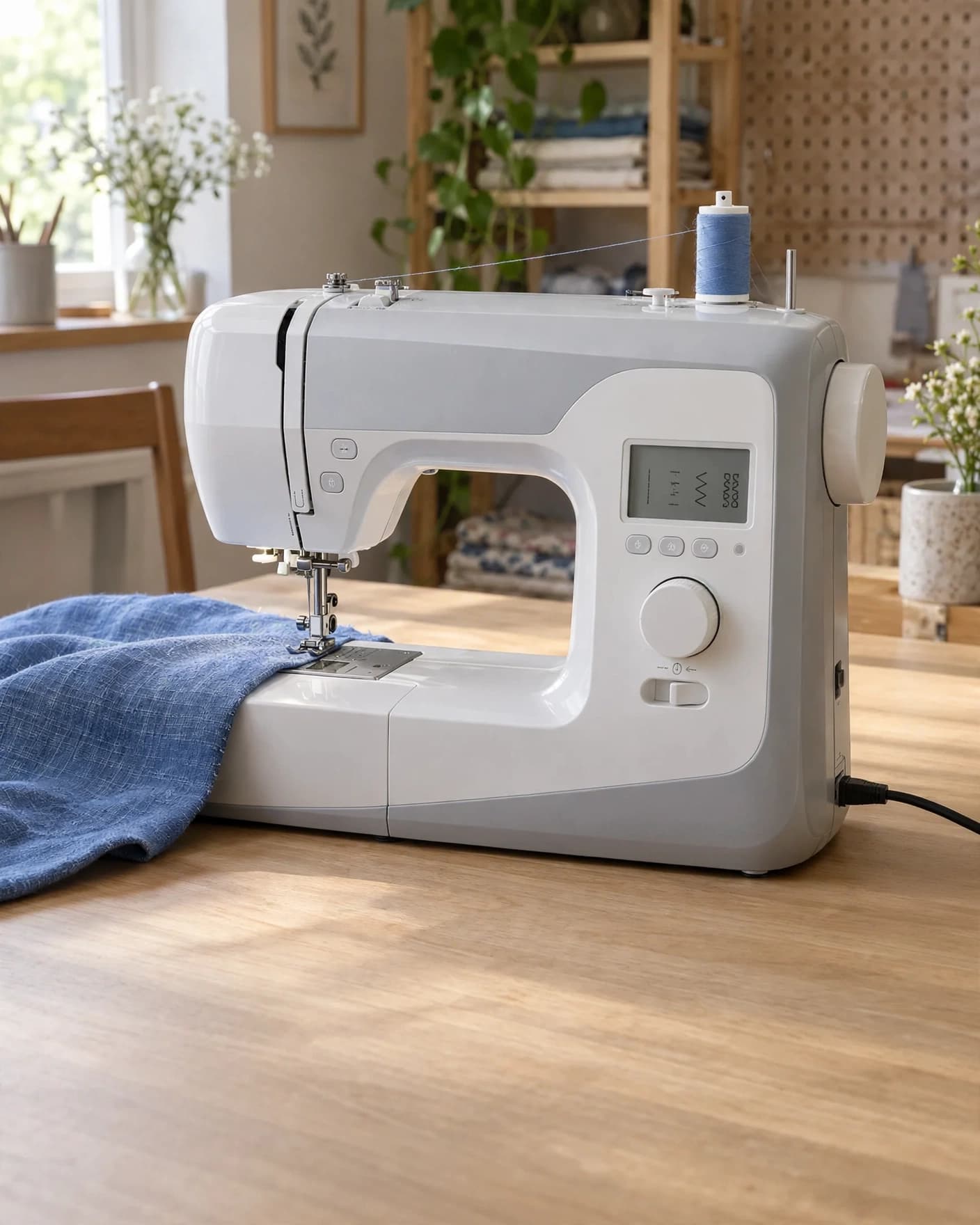 Same compact sewing machine in a naturally cleared working space