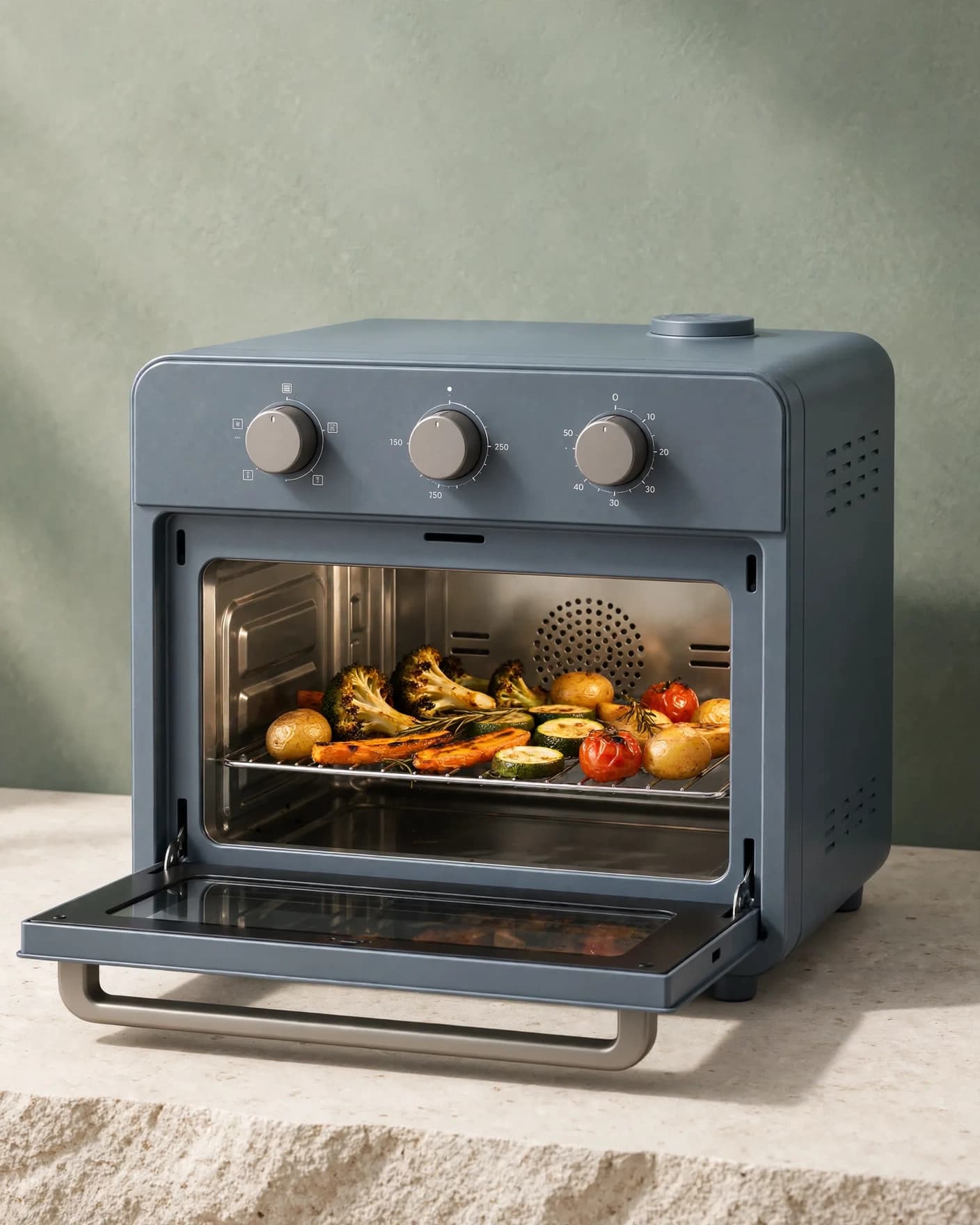 Same compact air fryer oven in a polished product launch social post