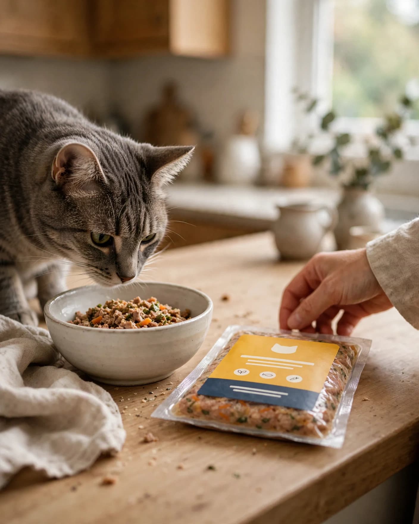 Same fresh cat meal pack in a natural creator-style feeding moment