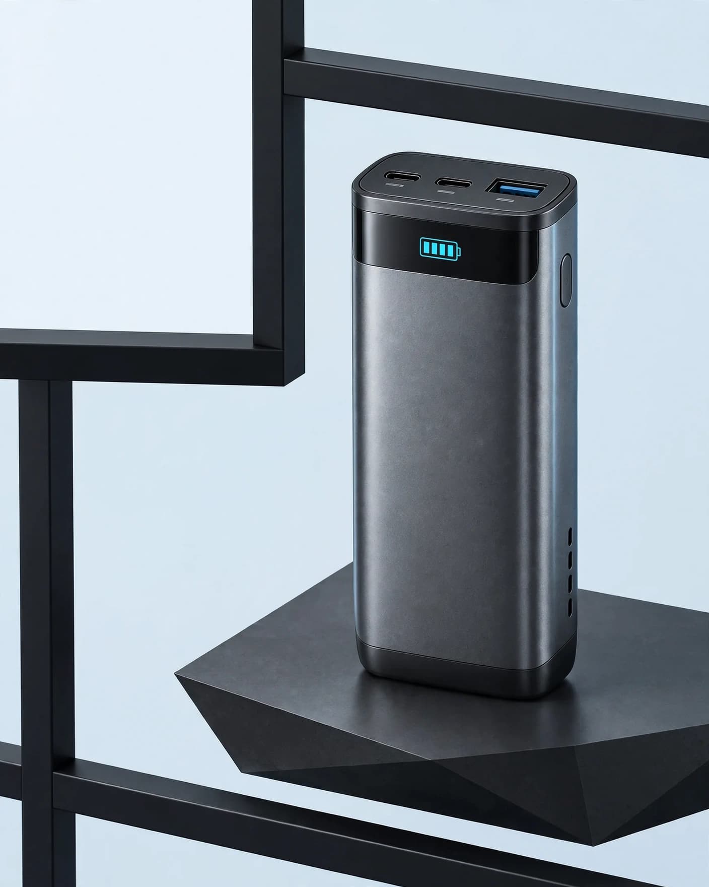 Same graphite power bank in a bold architectural product hero ad