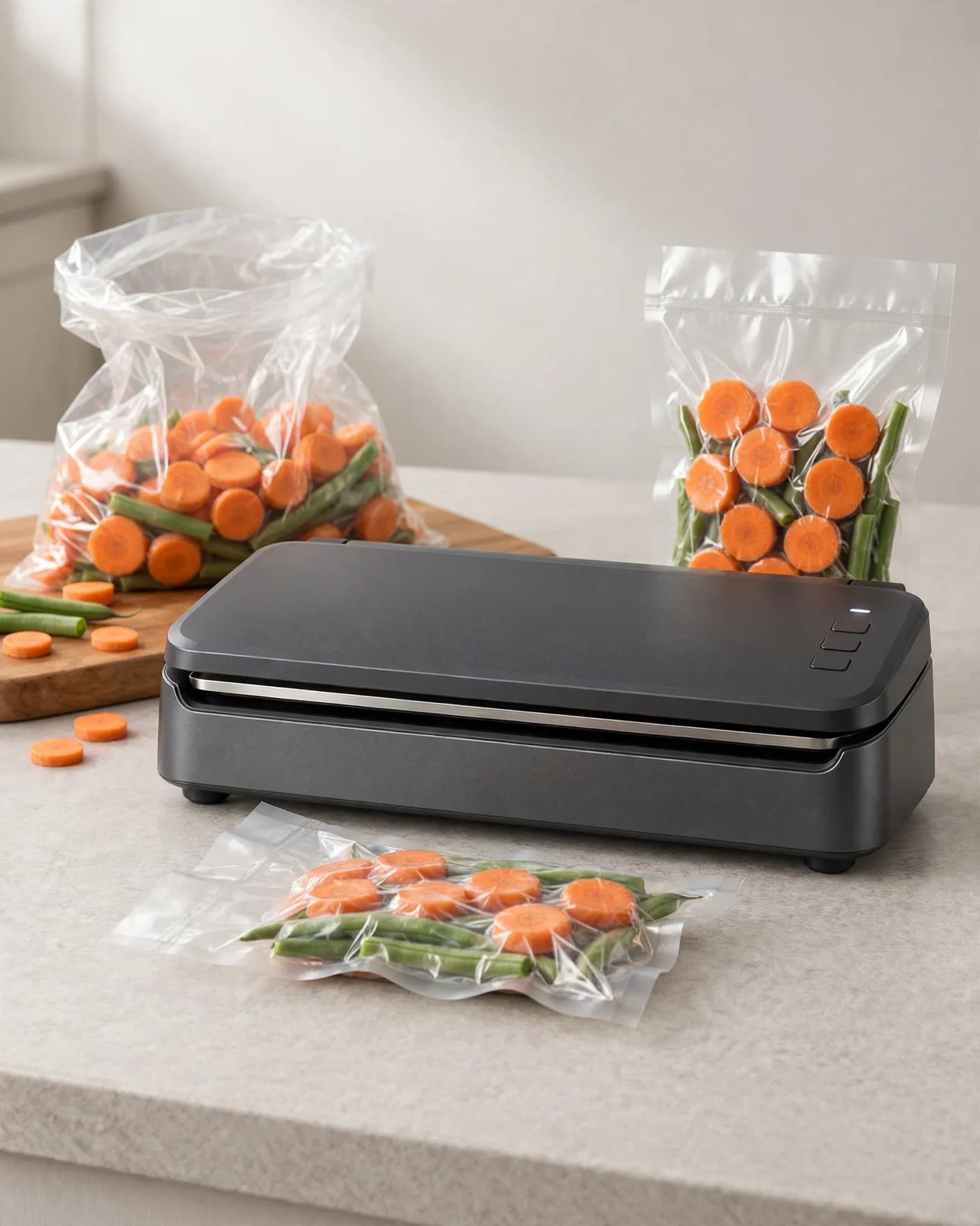 Same vacuum sealer showing loose and compressed food storage outcomes