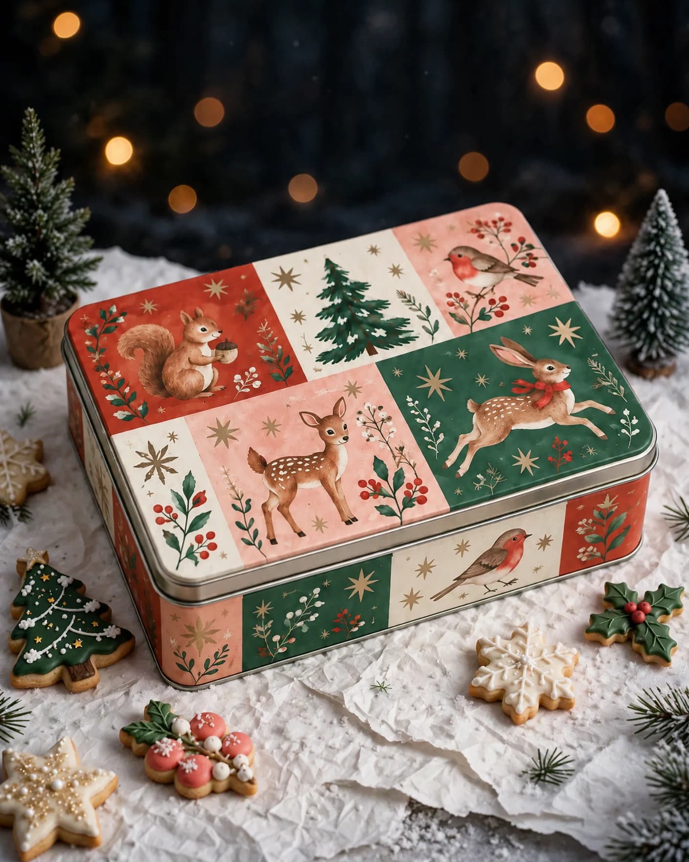 Same illustrated cookie tin in a festive winter social post