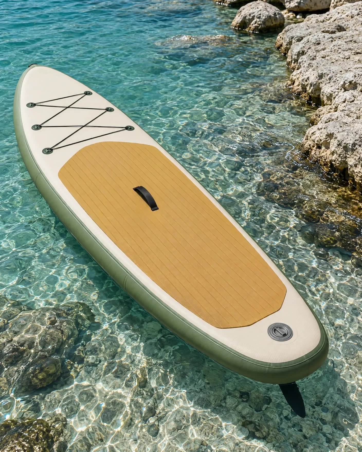 Same paddleboard reframed inside an expanded coastal portrait scene