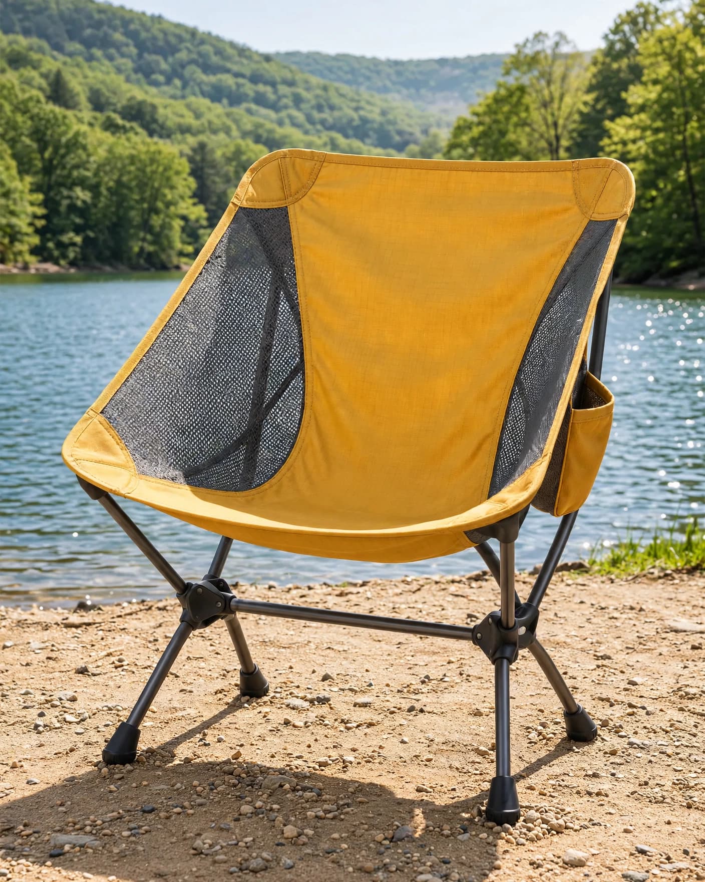 Same marigold camp chair in a bright lakeside seasonal ad
