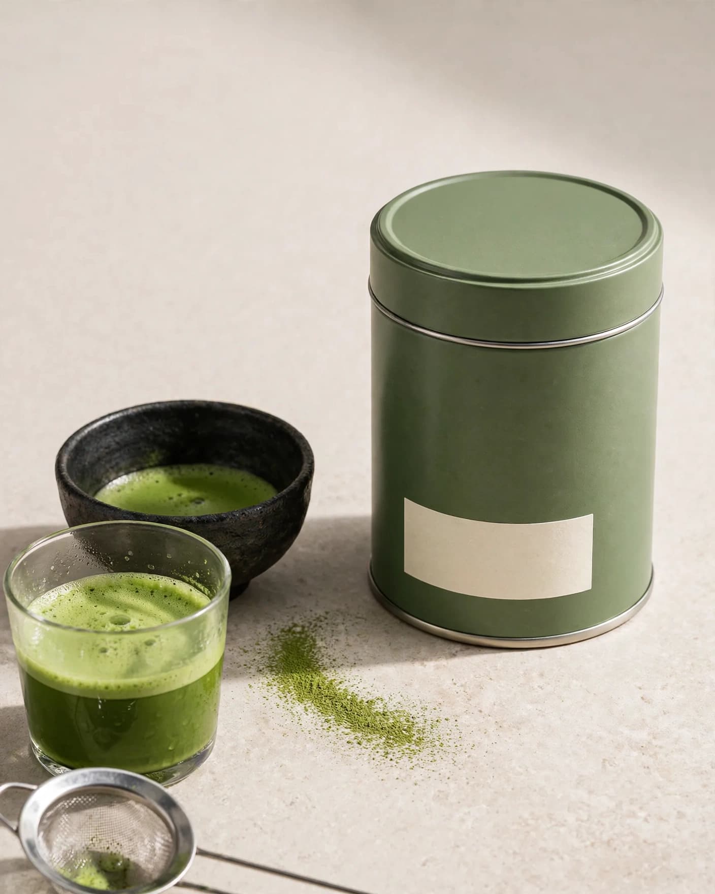Same mineral green matcha tin in a premium editorial product ad