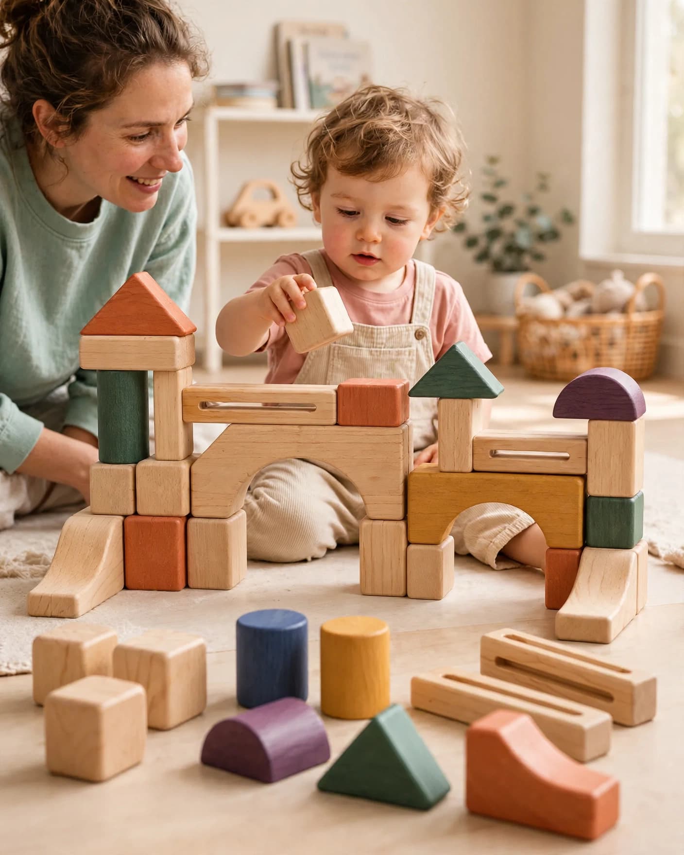 Same modular wooden blocks in a colorful family campaign scene