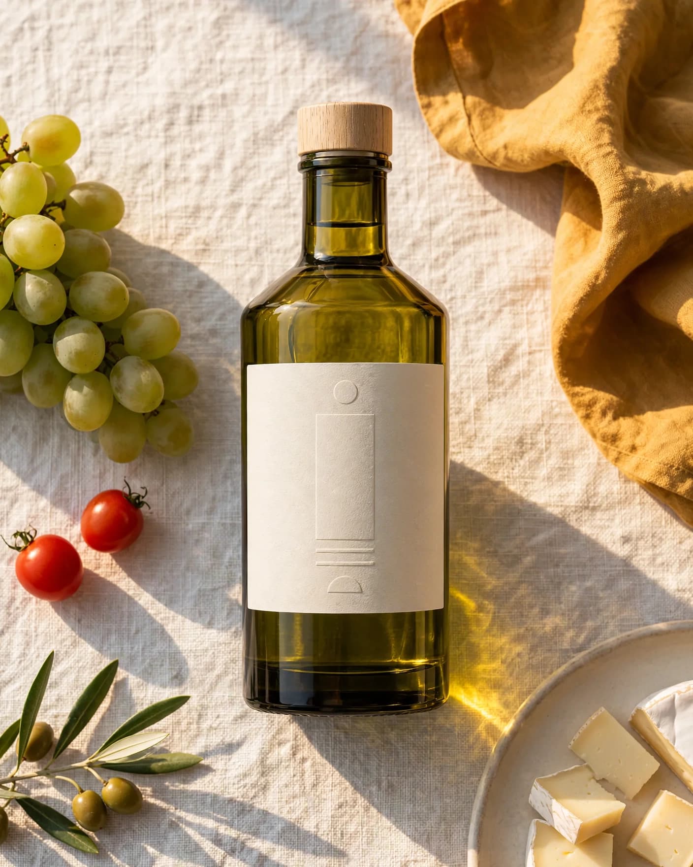 Same olive glass bottle in a sunlit culinary luxury campaign