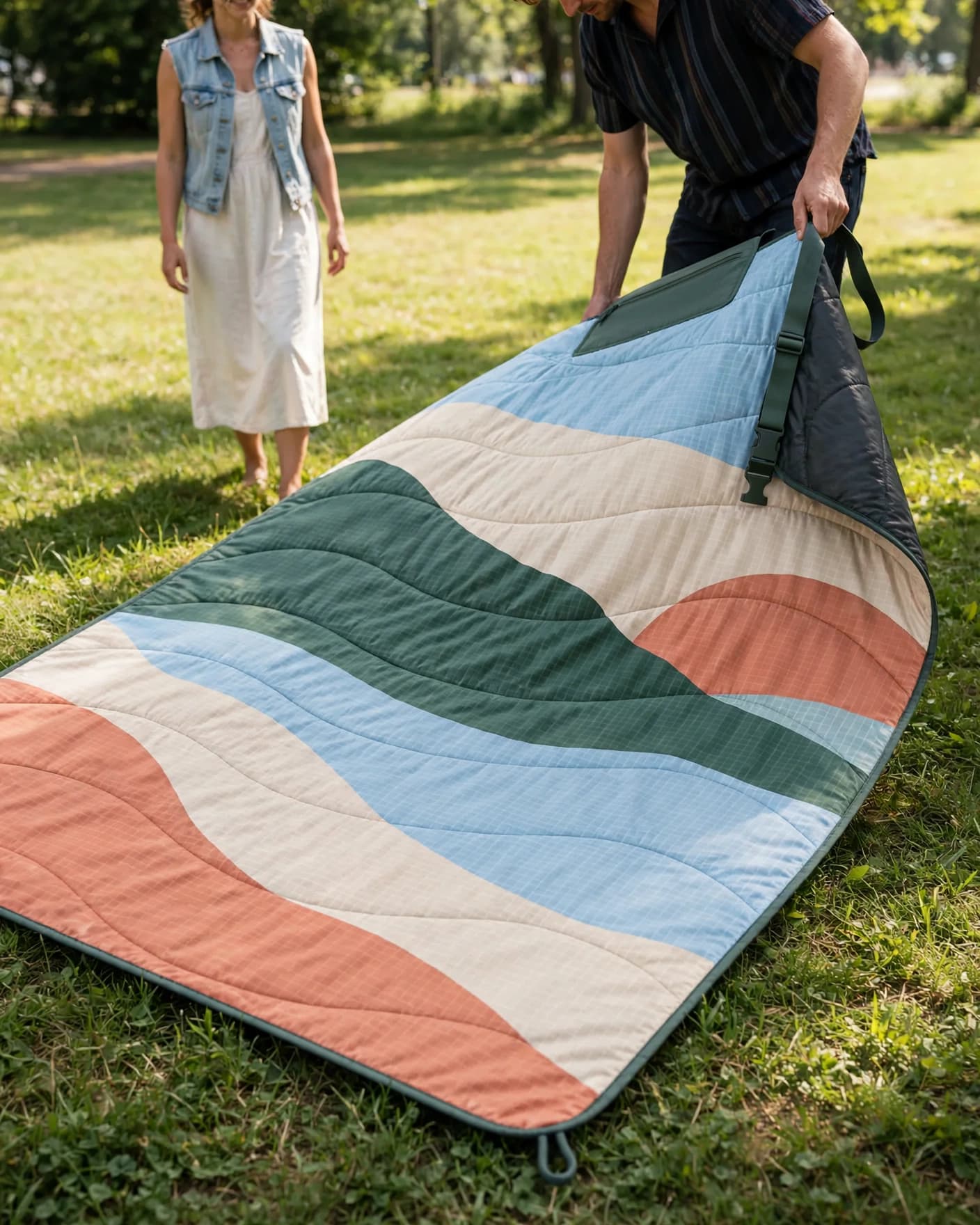 Same packable picnic blanket in an active summer park campaign