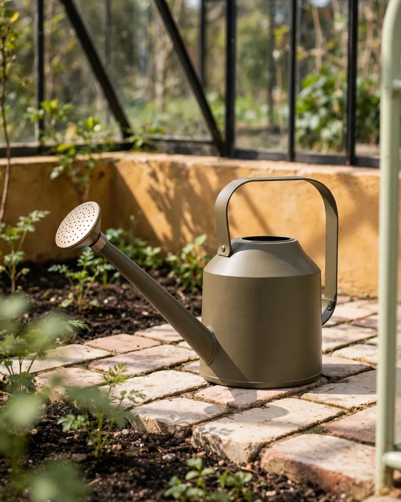 Same sculptural olive watering can in a sunlit greenhouse editorial campaign