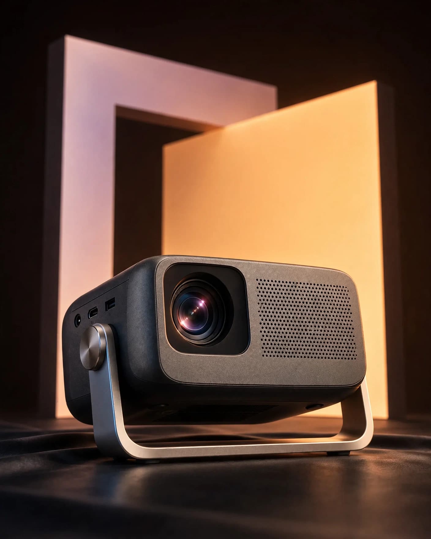 Same portable projector in a luminous product launch campaign set