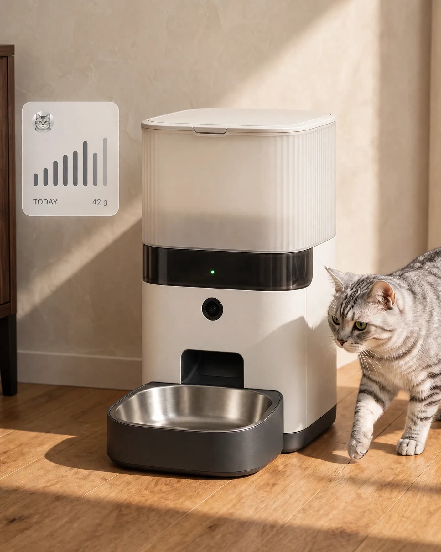 Silver tabby approaching a bone-white smart feeder beside a feeding-insight chart in warm afternoon light