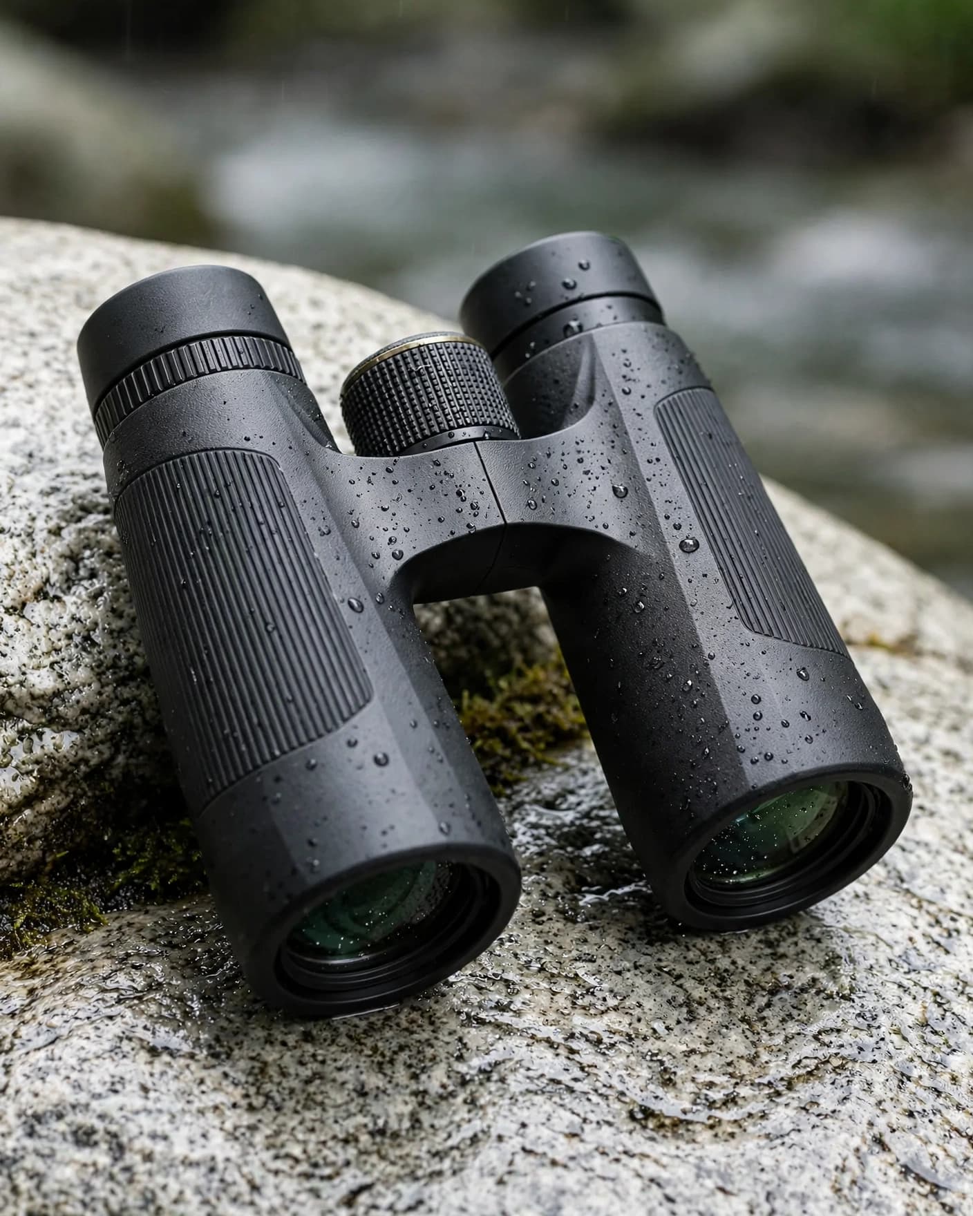 Graphite trail binoculars photographed on a rain-wet mossy granite boulder beside a forest stream