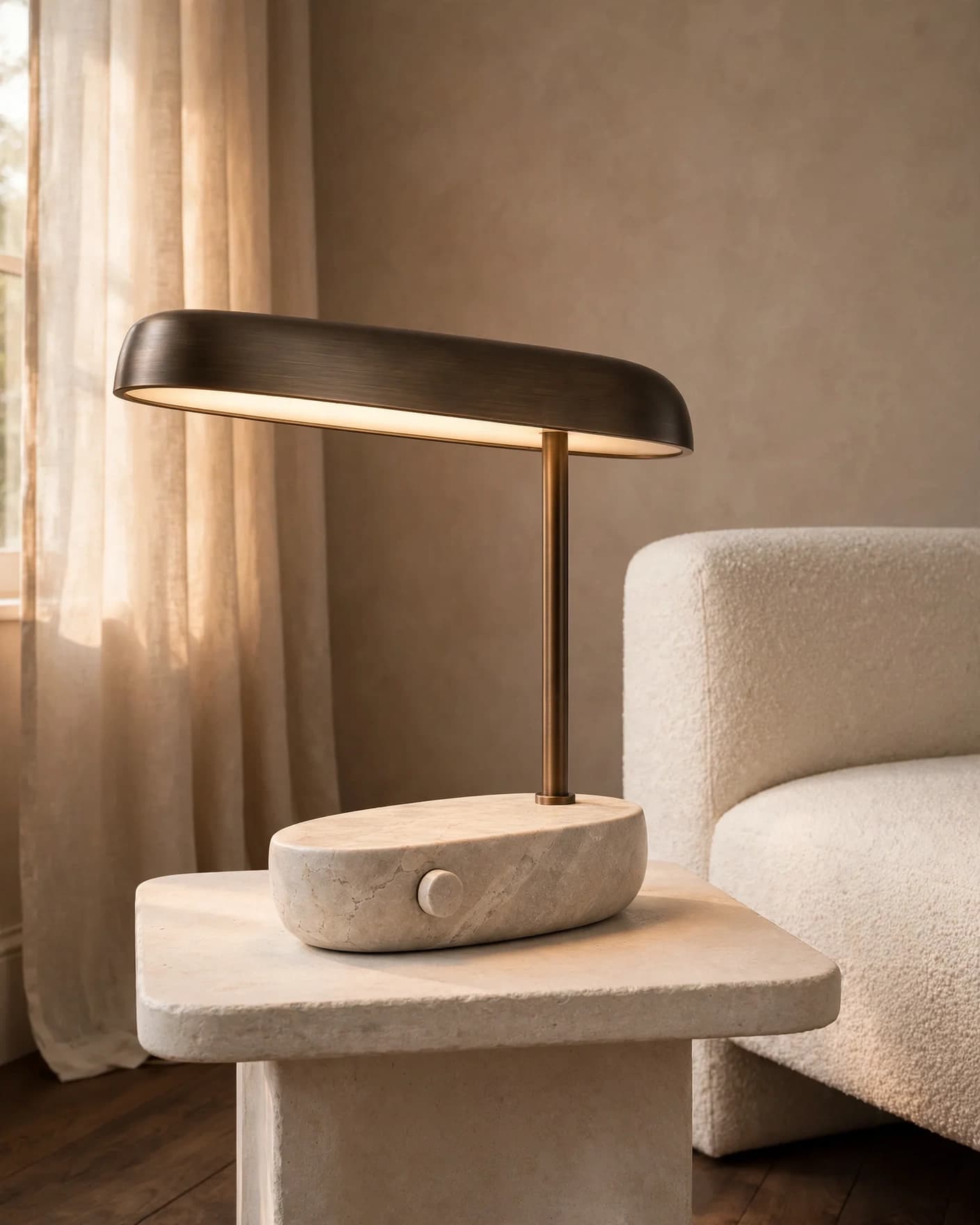 The same limestone and aged-bronze table lamp staged beside a cream boucle chair after editing