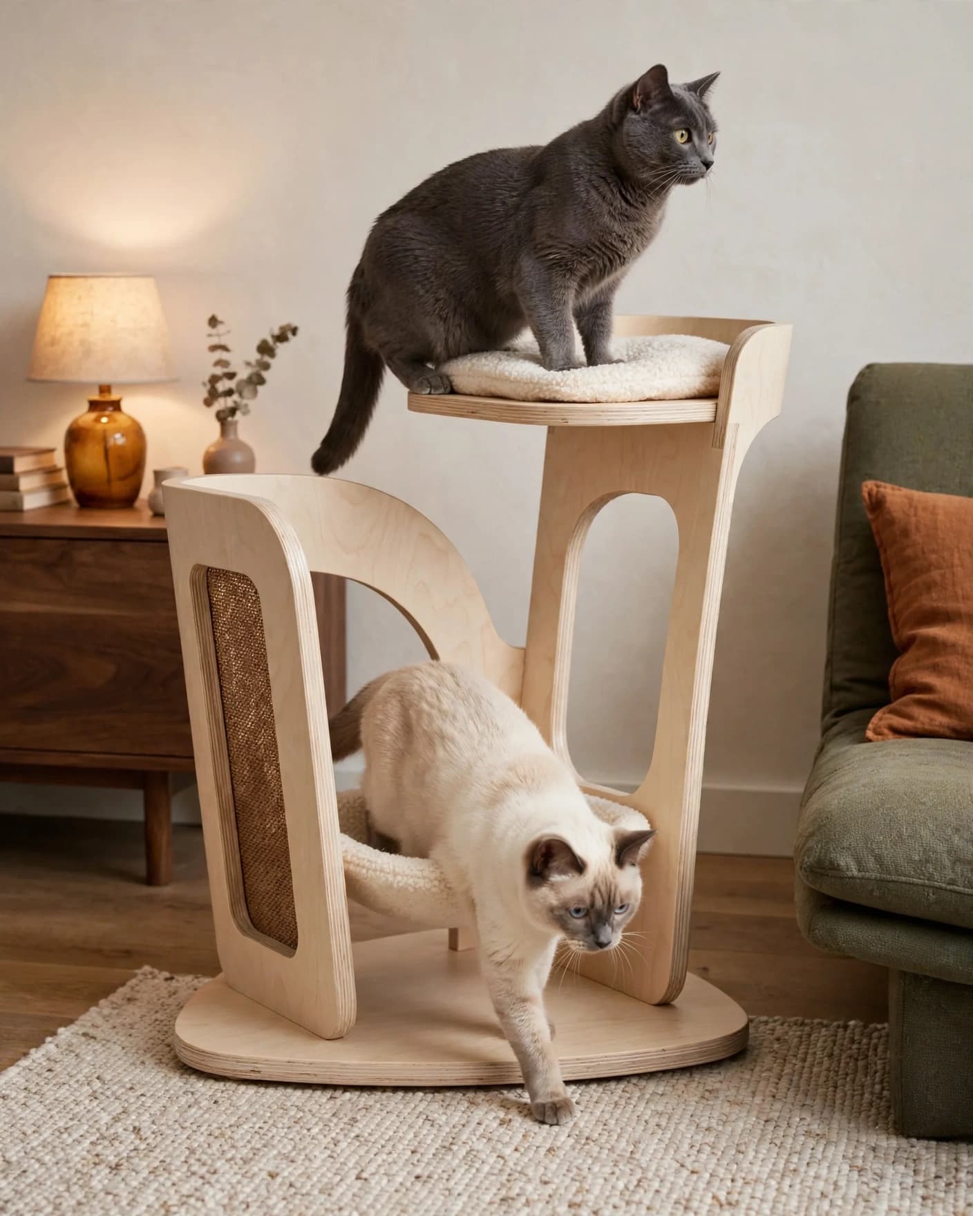 The same modern cat tower used by two cats in a colorful living-room campaign