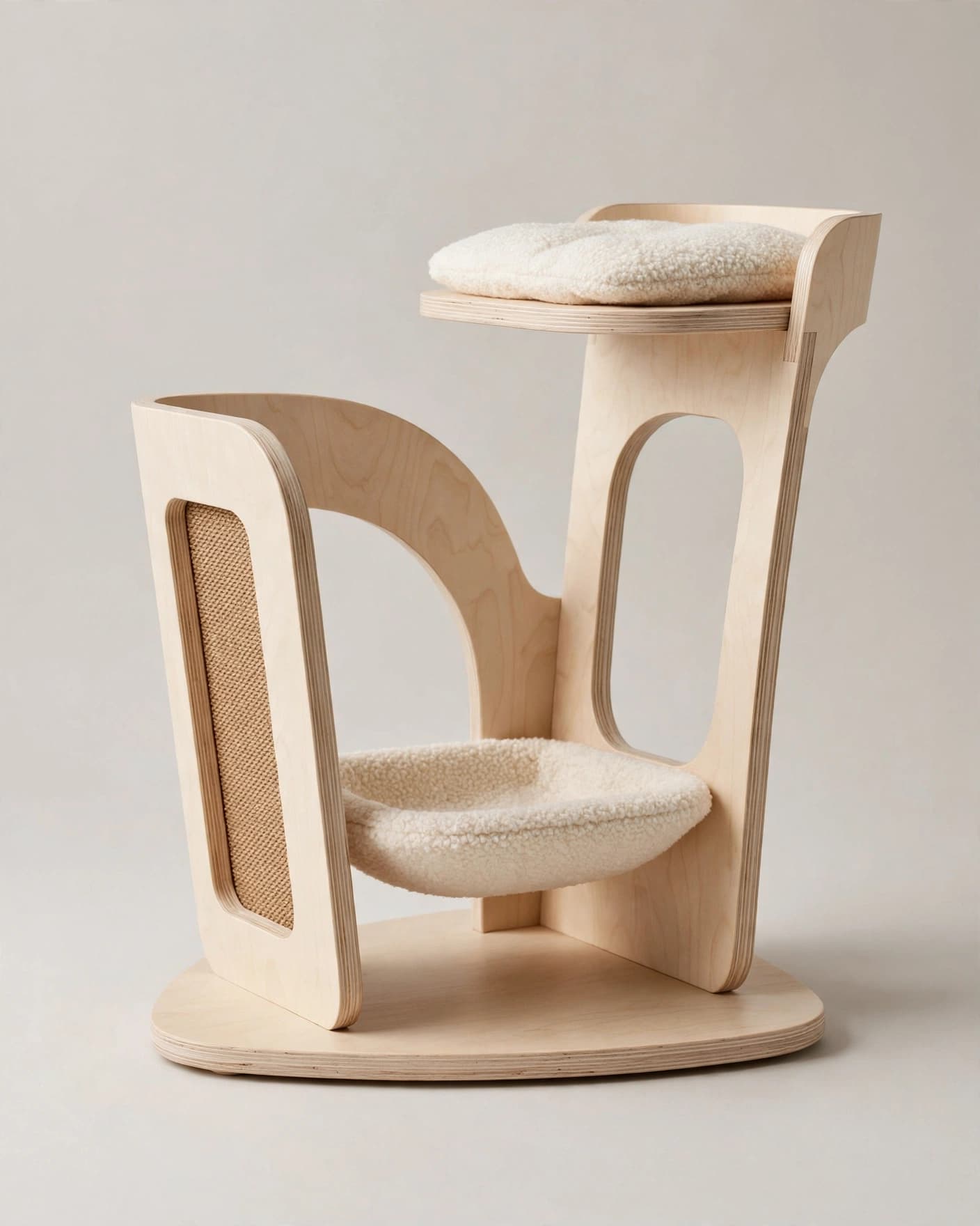 Modern pale-wood cat tower photographed on a clean studio background