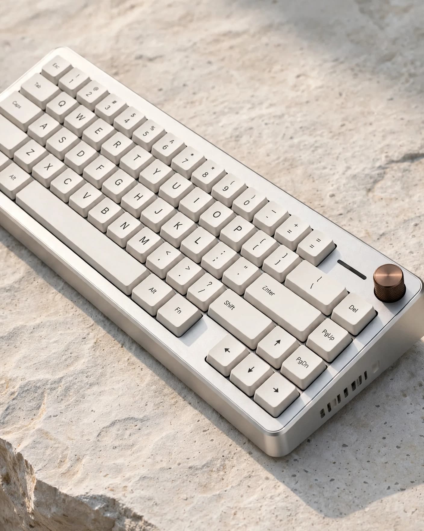 Silver low-profile mechanical keyboard with warm-white keys and a bronze control dial in a precision material showcase