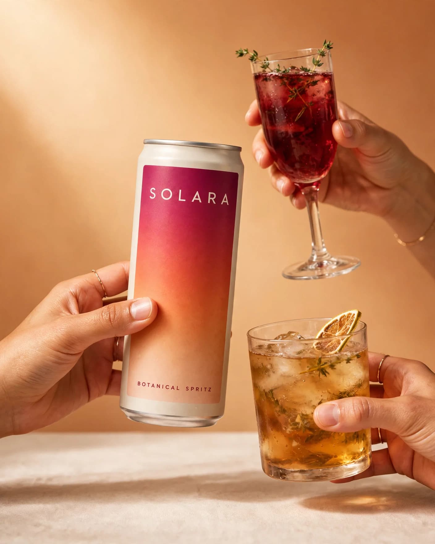 Three people raising a SOLARA botanical spritz can and two garnished drinks in a warm studio campaign