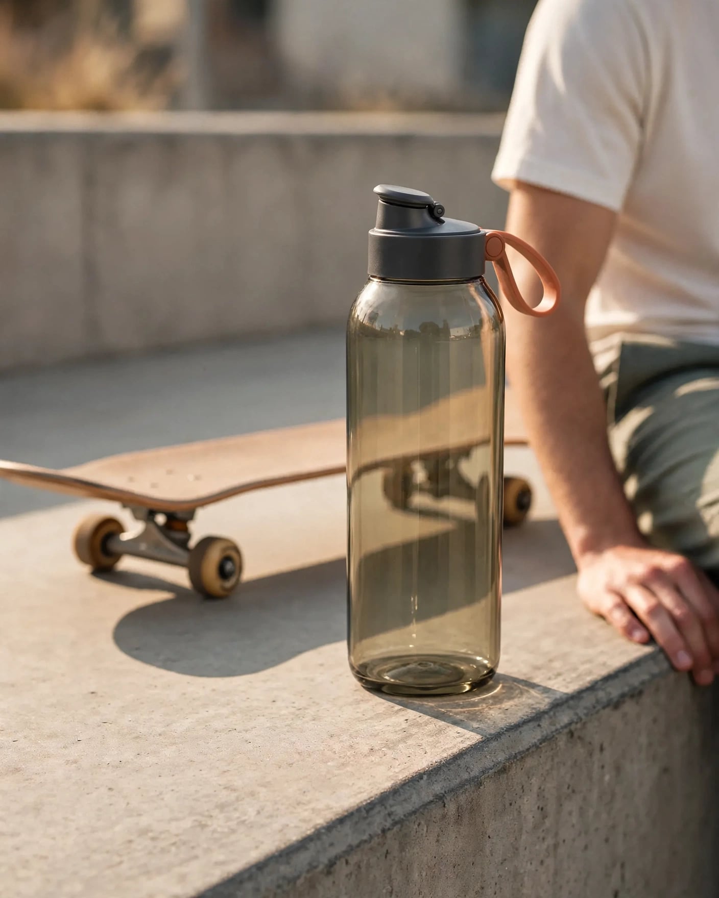 The same transparent smoke-olive active bottle beside a skateboard and seated person in warm late-afternoon sunlight